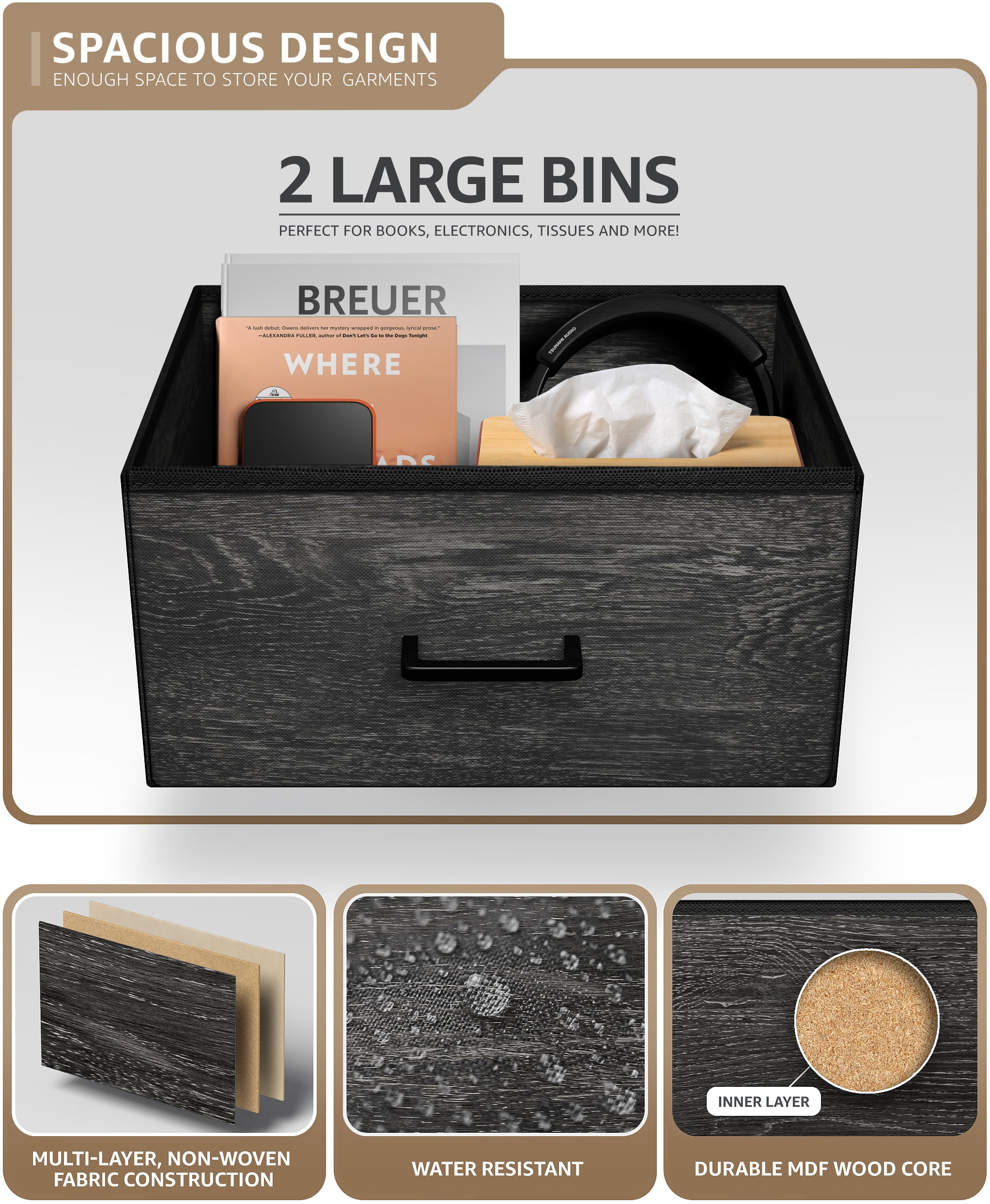 Sorbus Nightstand Dresser with 2 Faux Wood Drawers – Bedside Table with Storage – Steel Frame, Wood Top & Easy Pull Fabric Bins – Bedroom, Living Room, Dorm Furniture, Gray Wood - Image 3