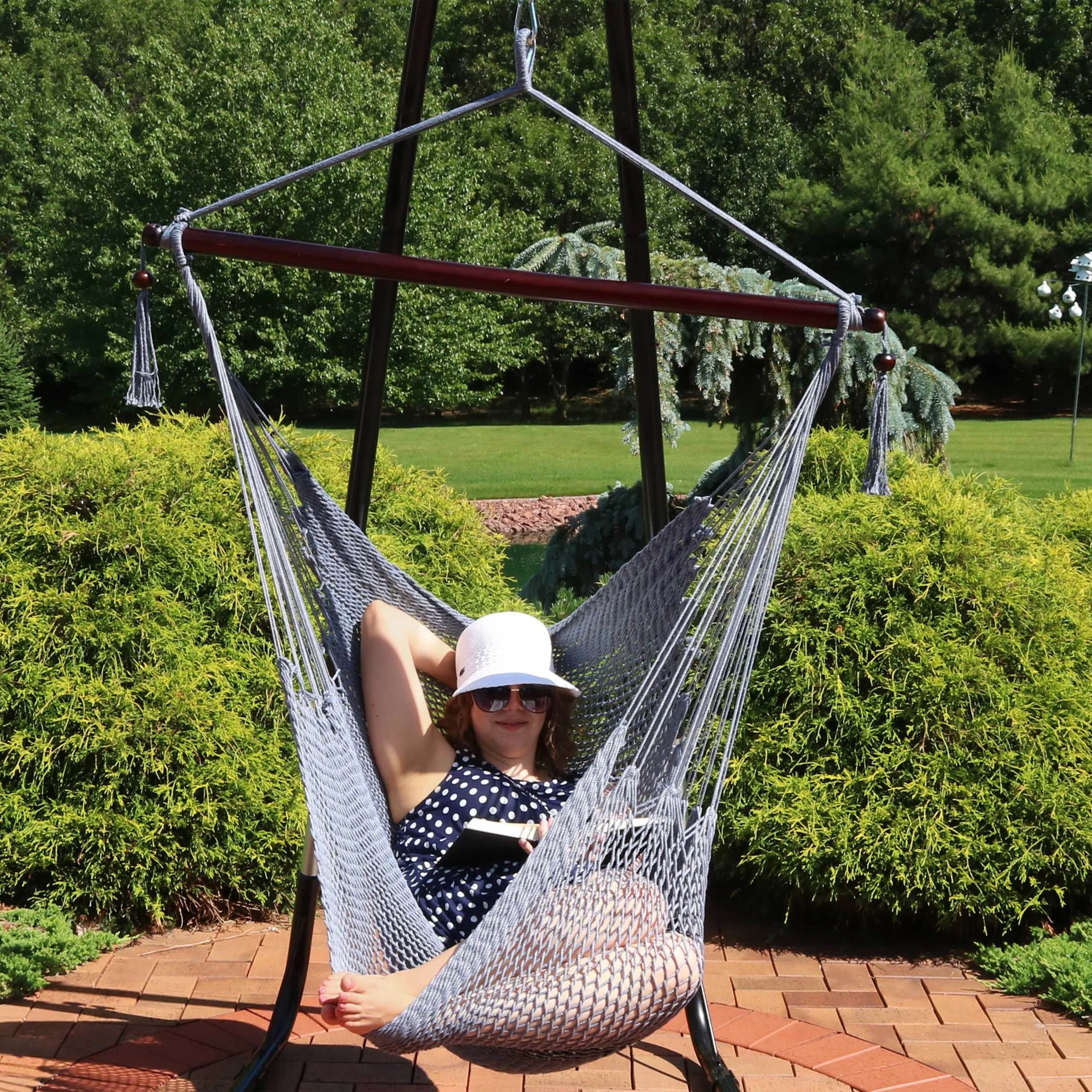 Sunnydaze Polyester Rope Indoor and Outdoor Hammock Hanging Chair with Spreader Bar - Gray - Image 5