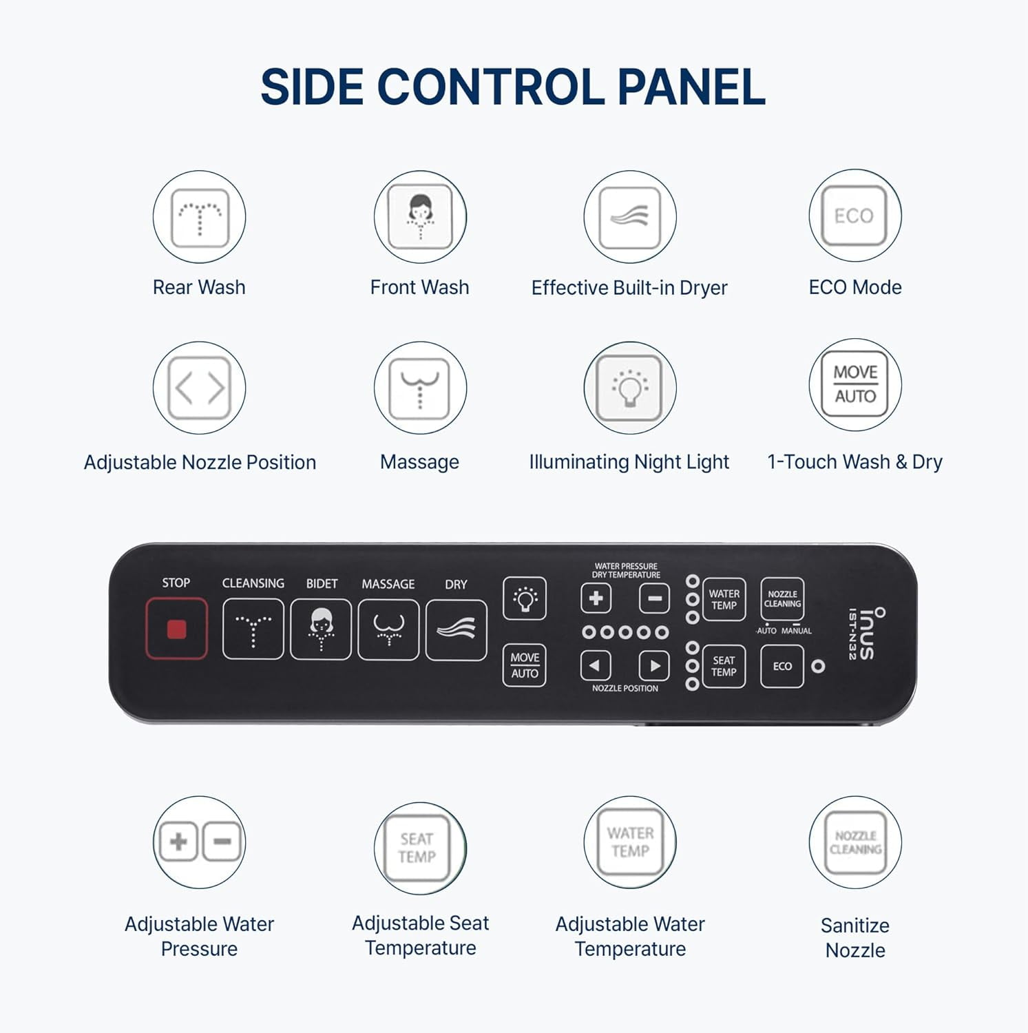 Inus N32 Electric Heated Bidet Toilet Seat Elongated, Warm Water, Smart Heated Water Luxury Bidet Toilet Seat with Night Light, Air Dryer, Self Cleaning, Tankless, Smart Touch Panel & Temp Control - Image 2