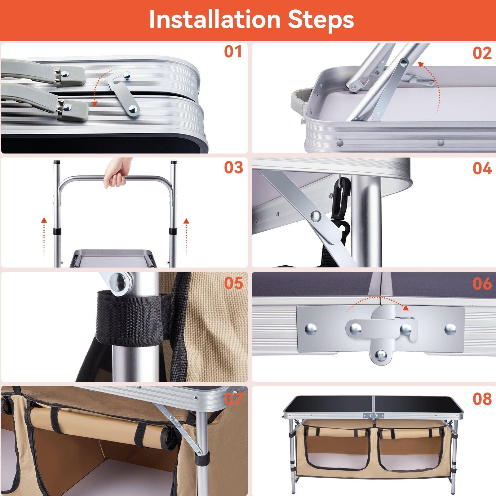 Vecukty Portable Camping Table Set - Aluminum Kitchen Station w/ Storage, Adjustable Feet & Trash Can, brown - Image 10