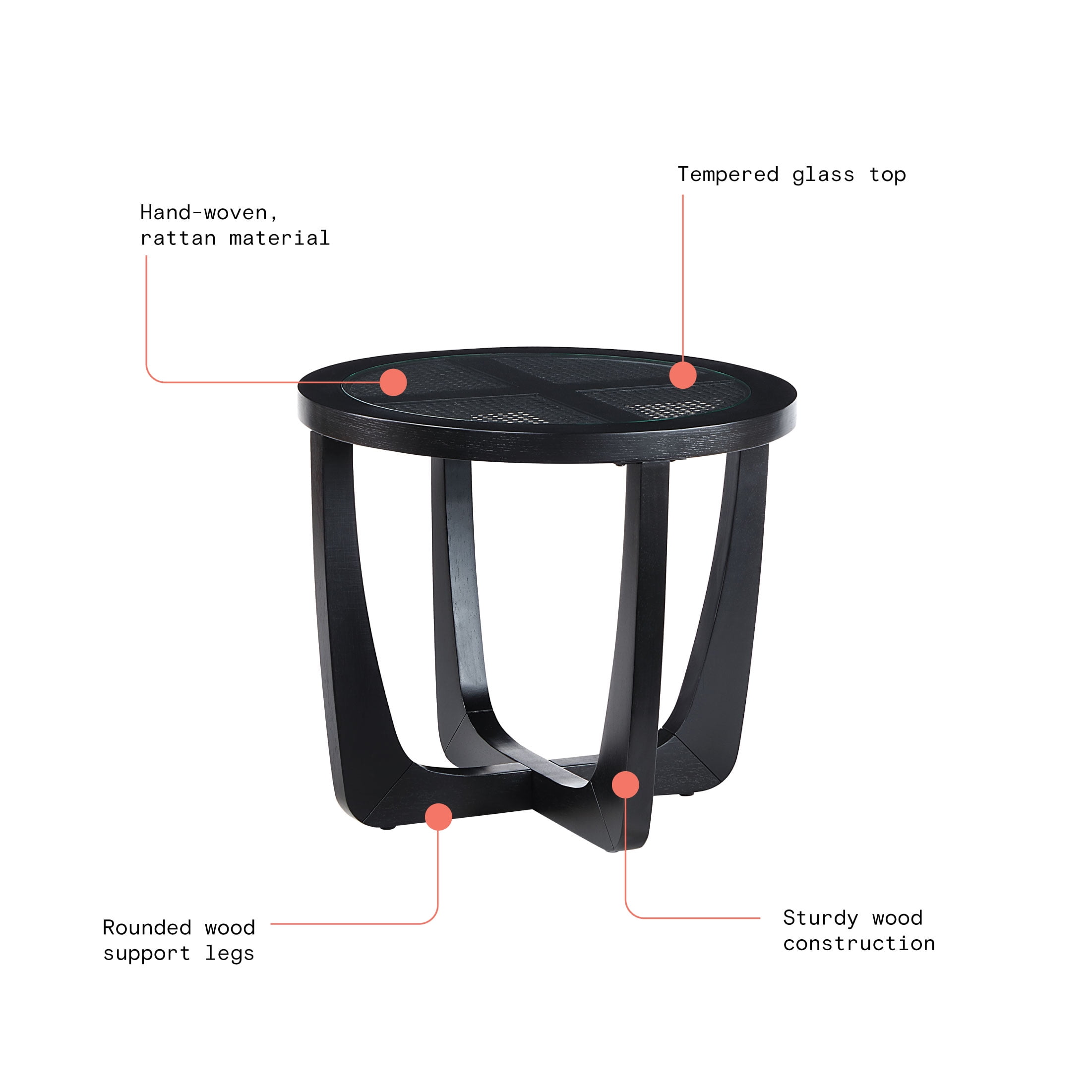 Beautiful Glass Rattan End Table, Black - Image 3