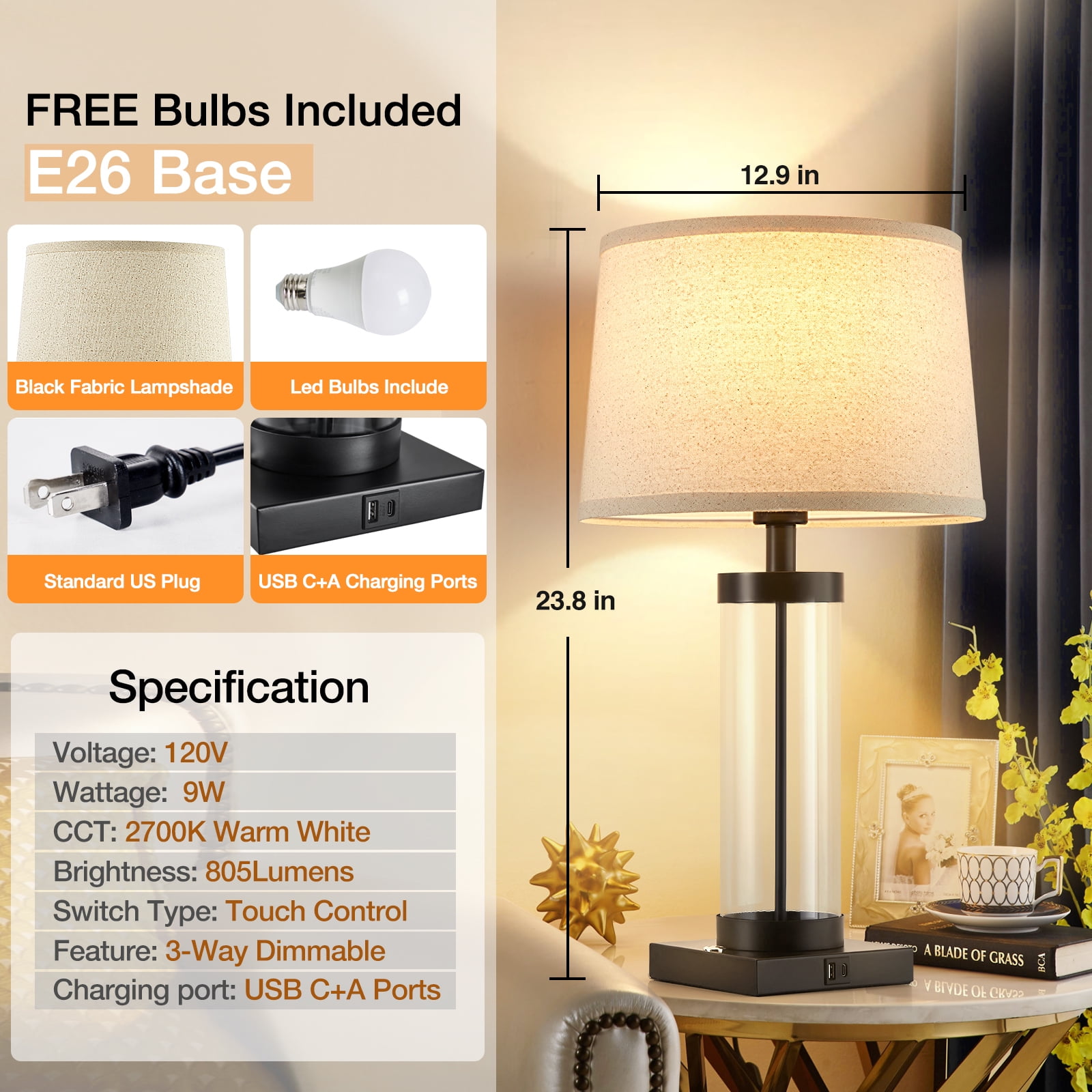 NATYSWAN Glass Table Lamps Set of 2 ,3 Way Dimmable Nightstand Touch Lamps for Living Room,Modern Bedside Reading Lights with USB Ports - Image 3