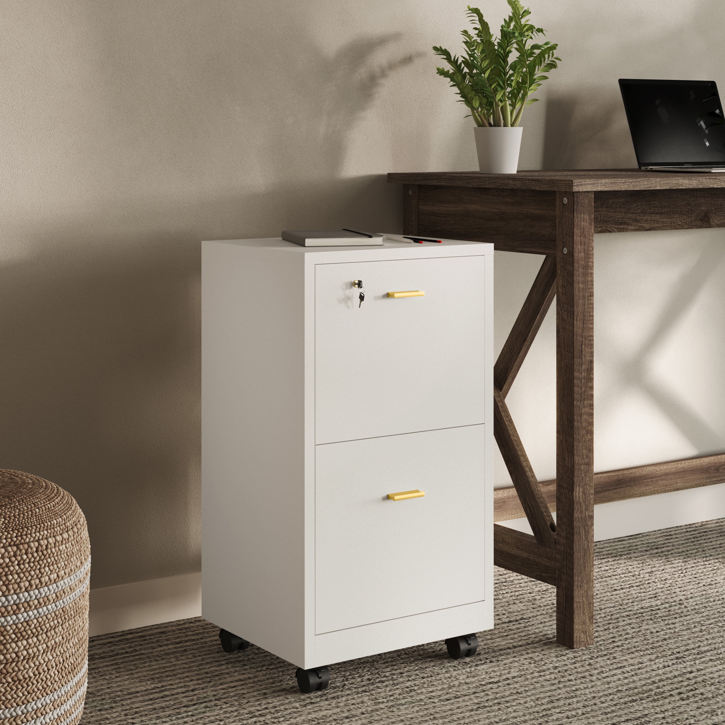 Lavish Home 2 Drawer File Cabinet - Rolling Filing Cabinet with Lock, White - Image 6