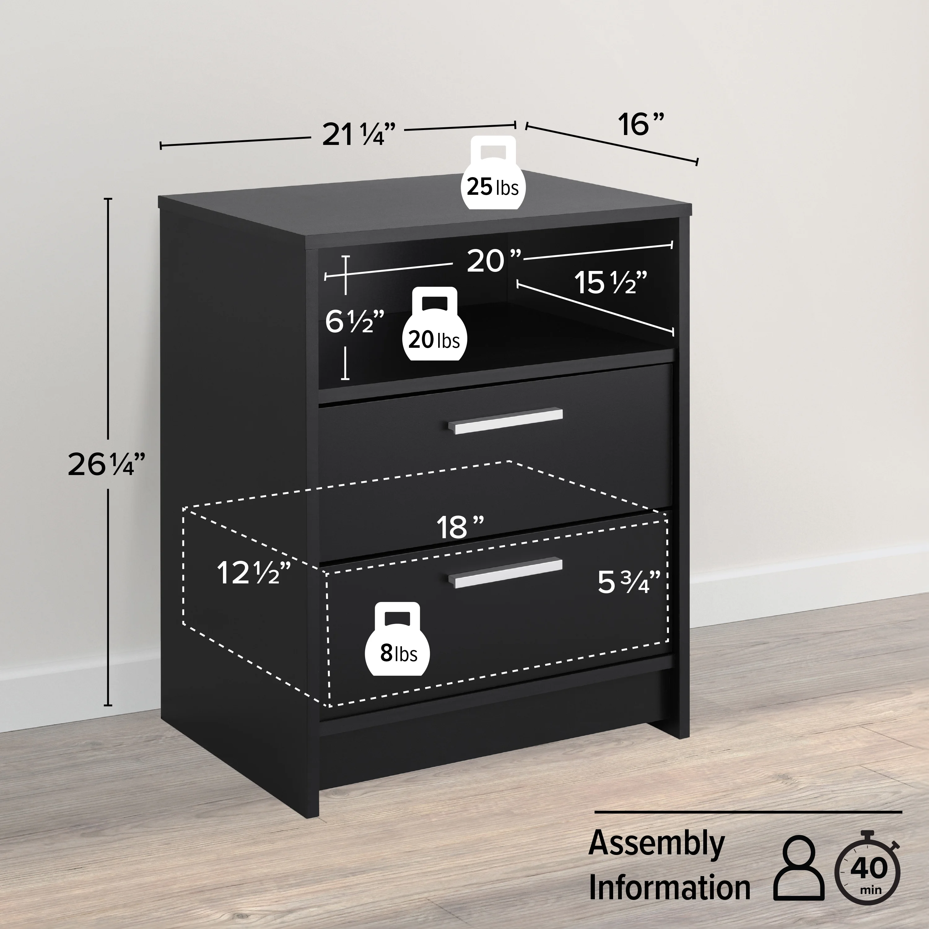 Prepac Studio Essentials Nightstand Bedside Table, Black Nightstand for Bedroom, End Table with 2 Drawers and Open Shelf 16" D X 21.25" W x 26.25" H, BDNR-2102-1 - Image 8