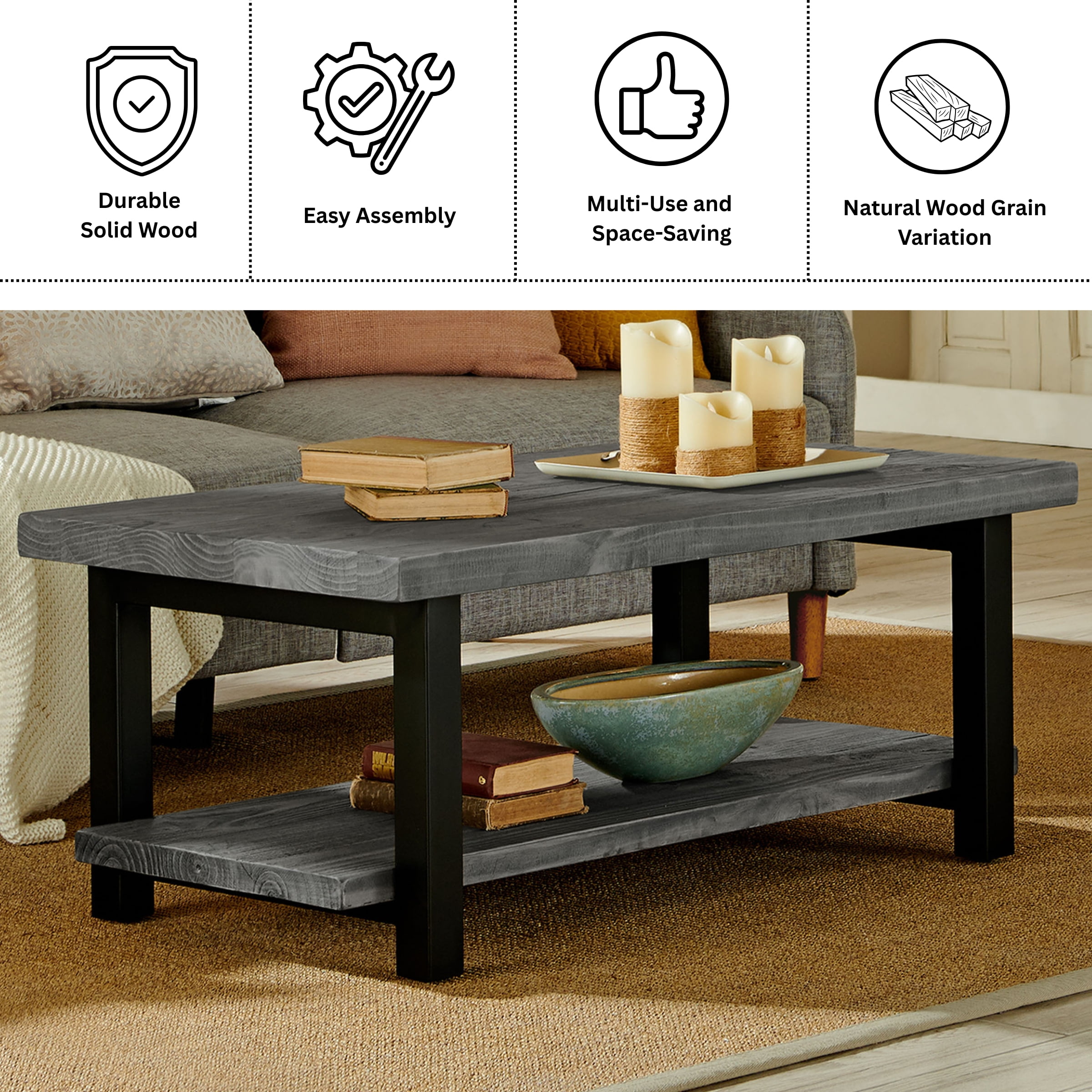 Alaterre Furniture Ponoma 42-inch Coffee Table, Solid Wood and Metal, Lower Shelf for Storage, Ideal for Living Room and Office Spaces, Slate Gray - Image 3