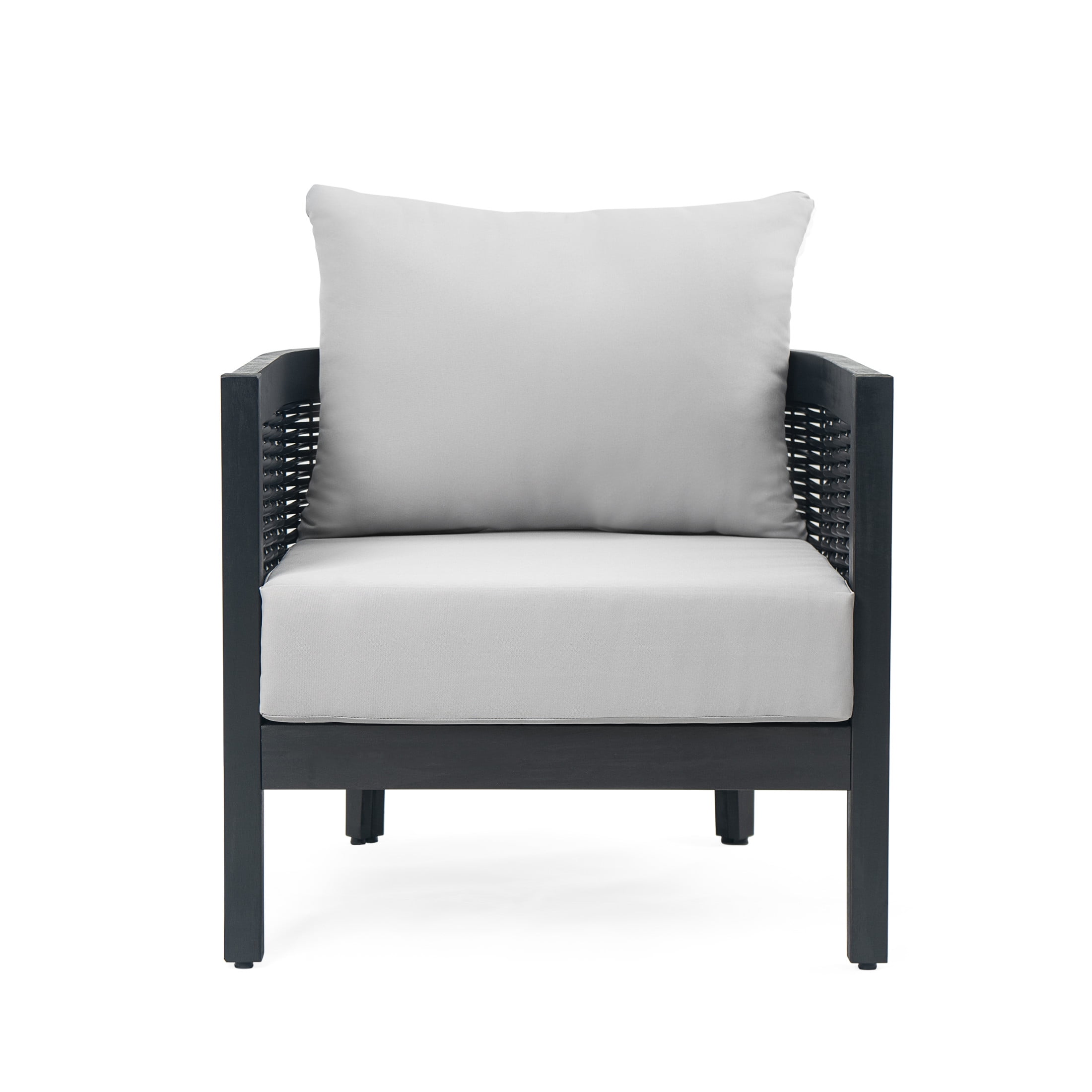 Felix Outdoor Patio Club Chair, Acacia Wood Wicker Armchair with Cushions, Black+Light Grey - Image 11
