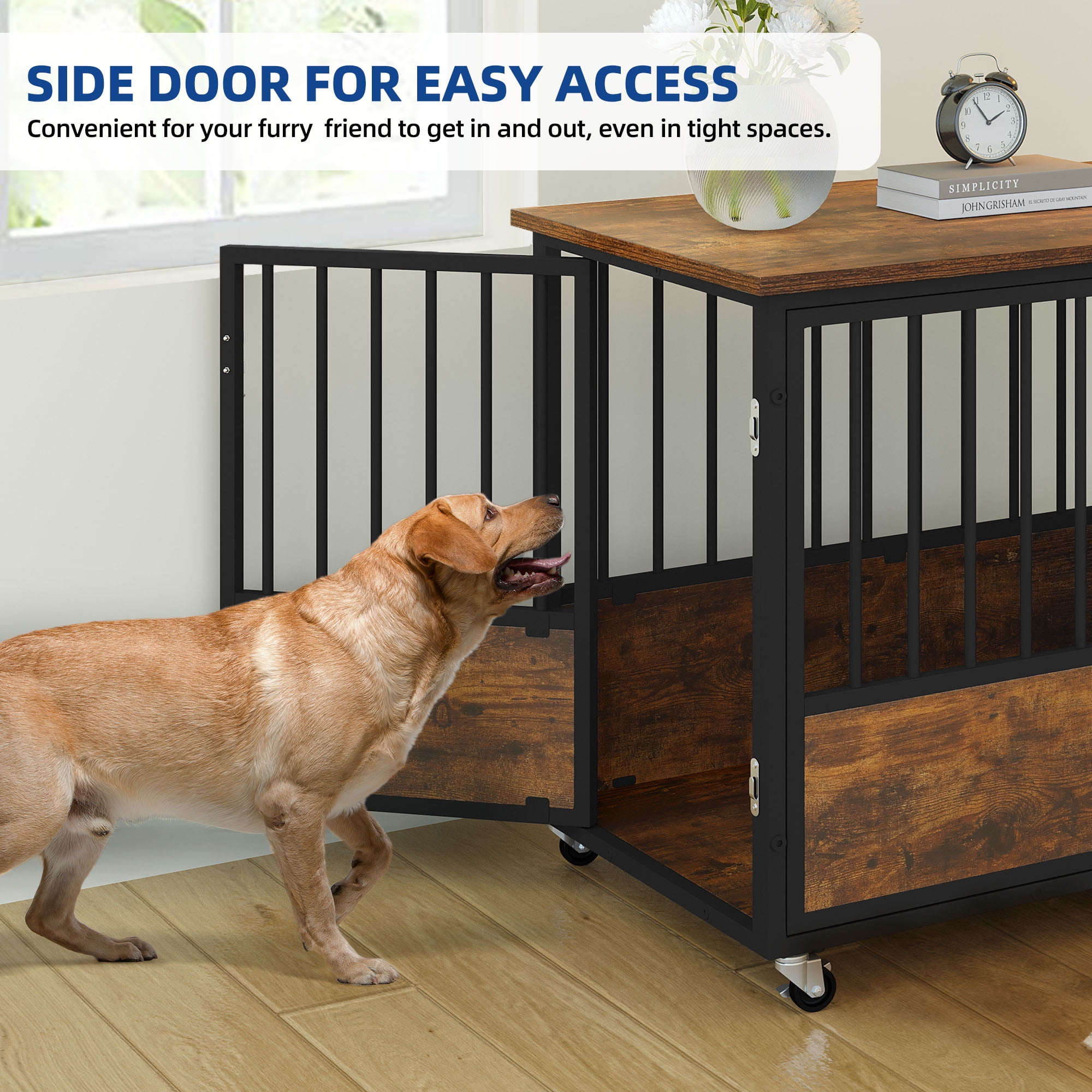 Uforic 38-Inch Wooden Dog Crate Furniture with Wheels and Double-Doors,Dog Kennel,Dog Cage for Indoor - Rustic Brown - Image 3