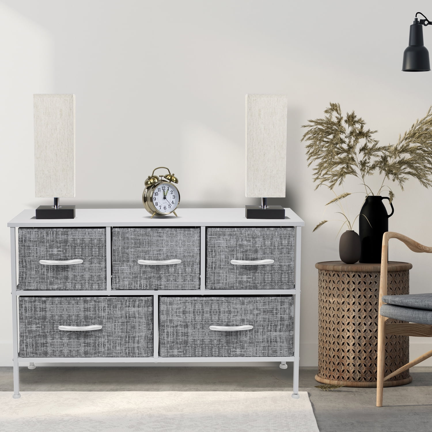 Sorbus Dresser with 5 Drawers - Furniture Storage Chest Tower Unit for Bedroom, Hallway, Closet, Office Organization - Steel Frame, Wood Top, Easy Pull Fabric Bins (Gray/White) - Image 3