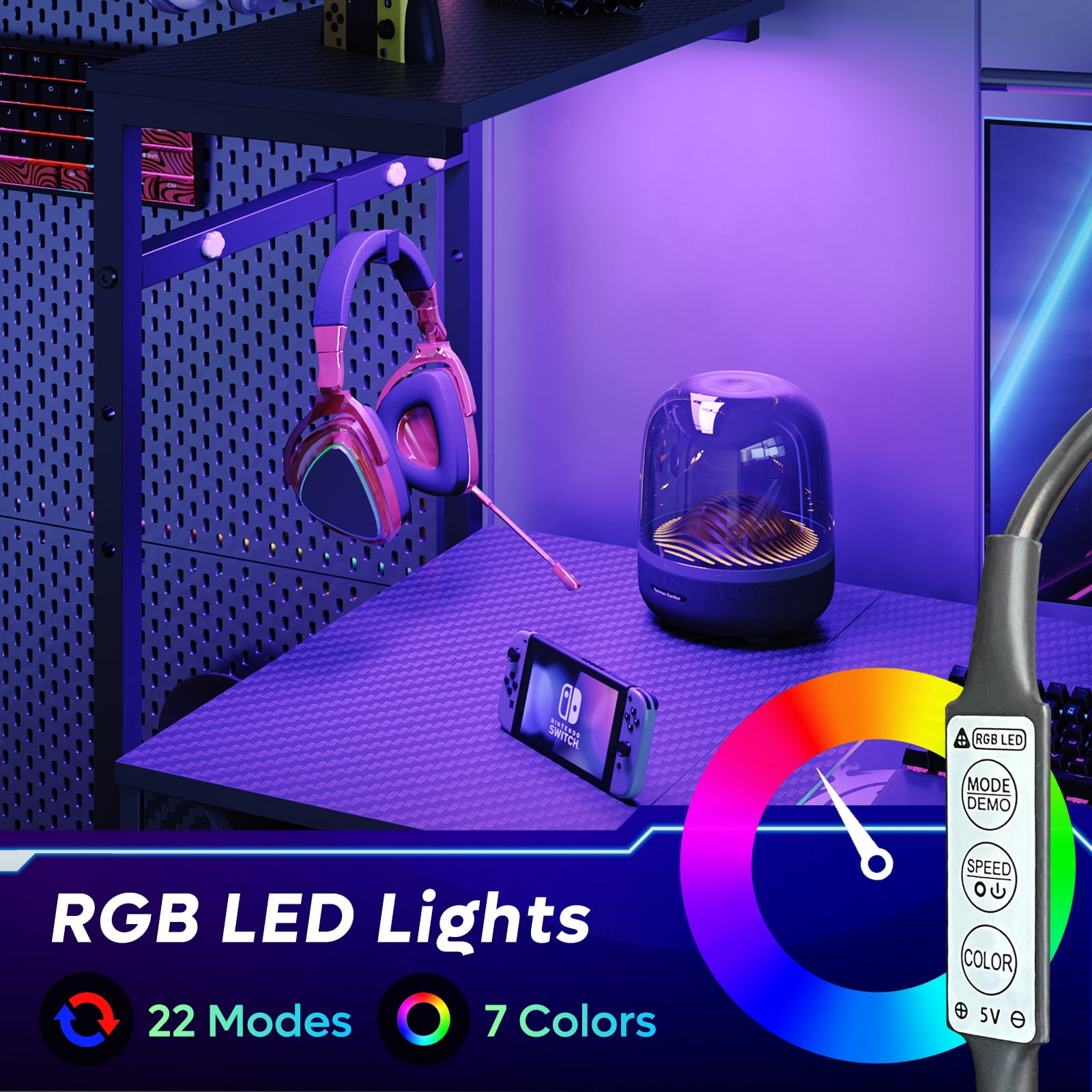 Bestier 48-Inch LED Gaming Desk with Adjustable Shelf and Storage Drawer, Black - Image 3