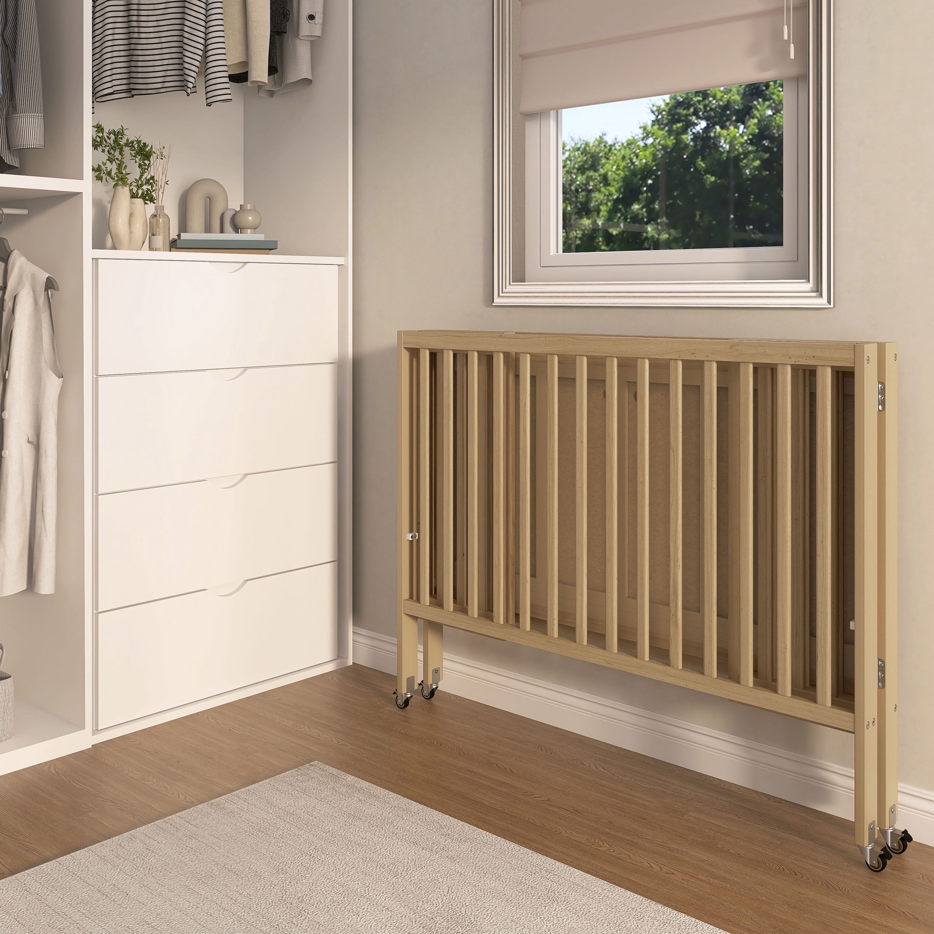 Dream On Me Quinn Full-Size Folding Crib, Removable Wheels, Modern Nursey, Adjustable Mattress Support, Patent Folding System in Natural - Image 6