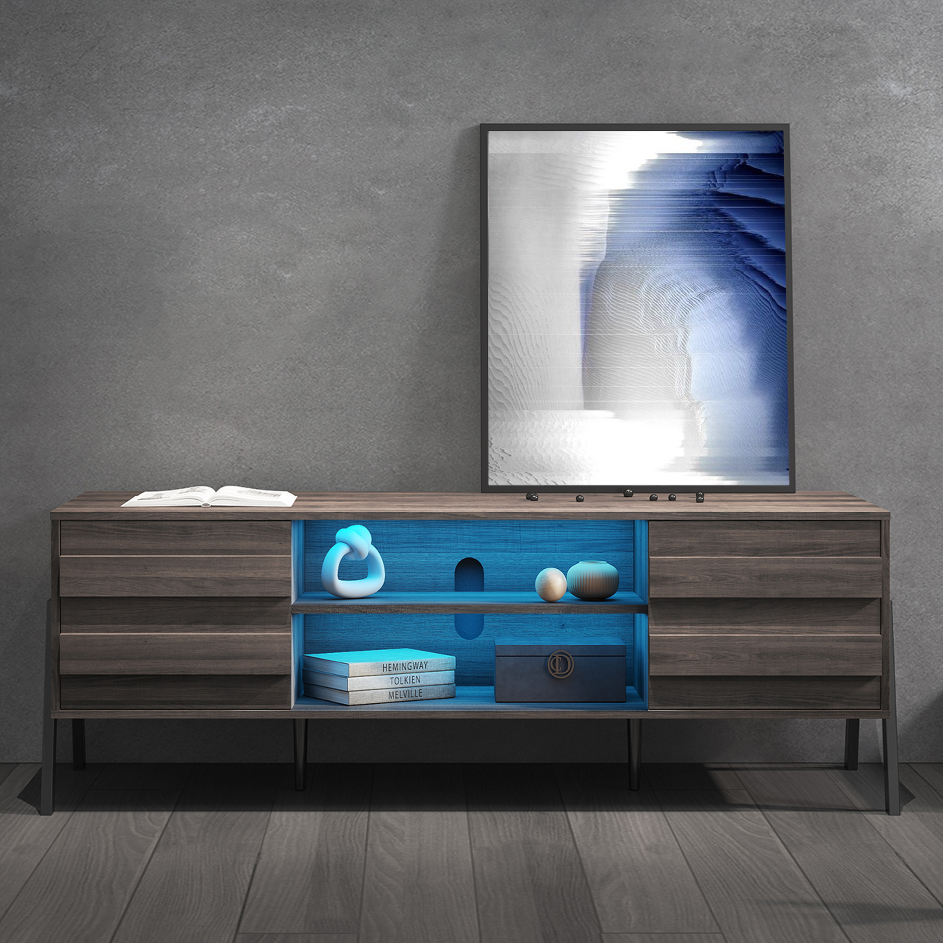 Mid-century LED TV Stand with Push To Open Cabinet and Metal Legs for Living Room, Brown - Image 6