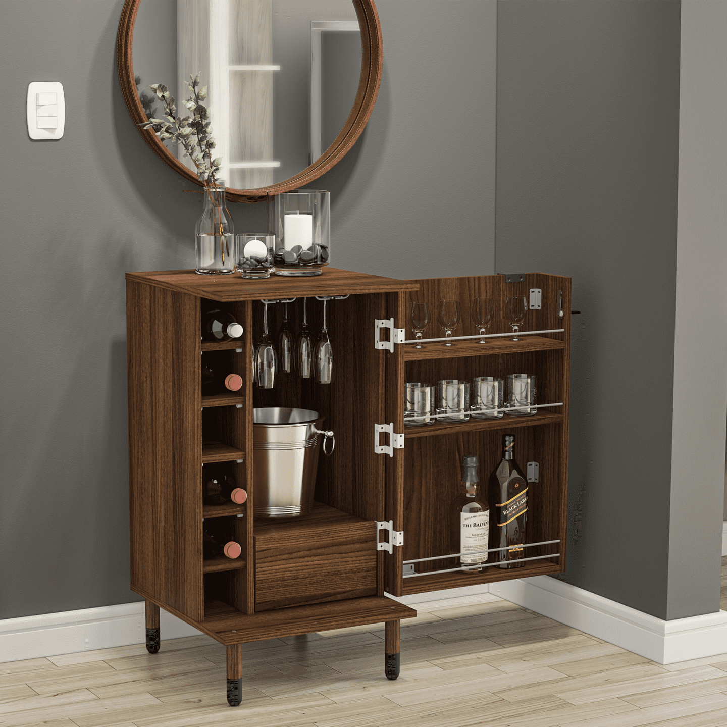 Boahaus Wrexham Modern Bar Cabinet, 1 Door, 6 Wine Racks, 1 Drawer, Brown - Image 2