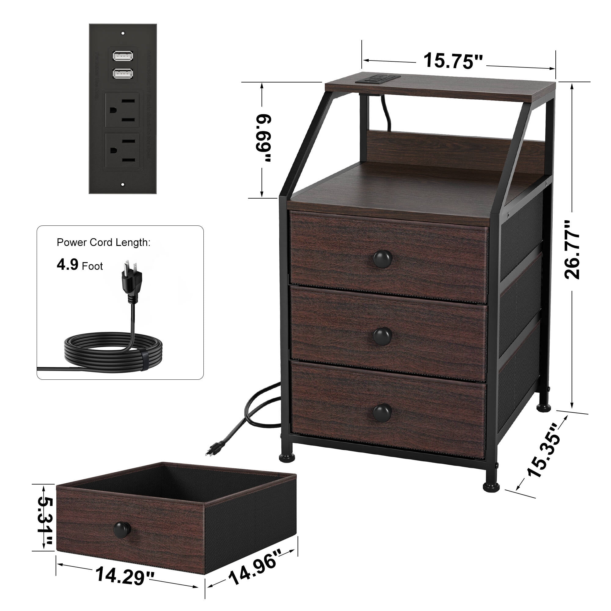 GUNAITO Nightstand Set of 2 with Charging Station Side Table with 3 Drawers End Table with Open Shelf Bedside Table with USB Ports and Outlets Nightstand for Bedroom,Brown - Image 2