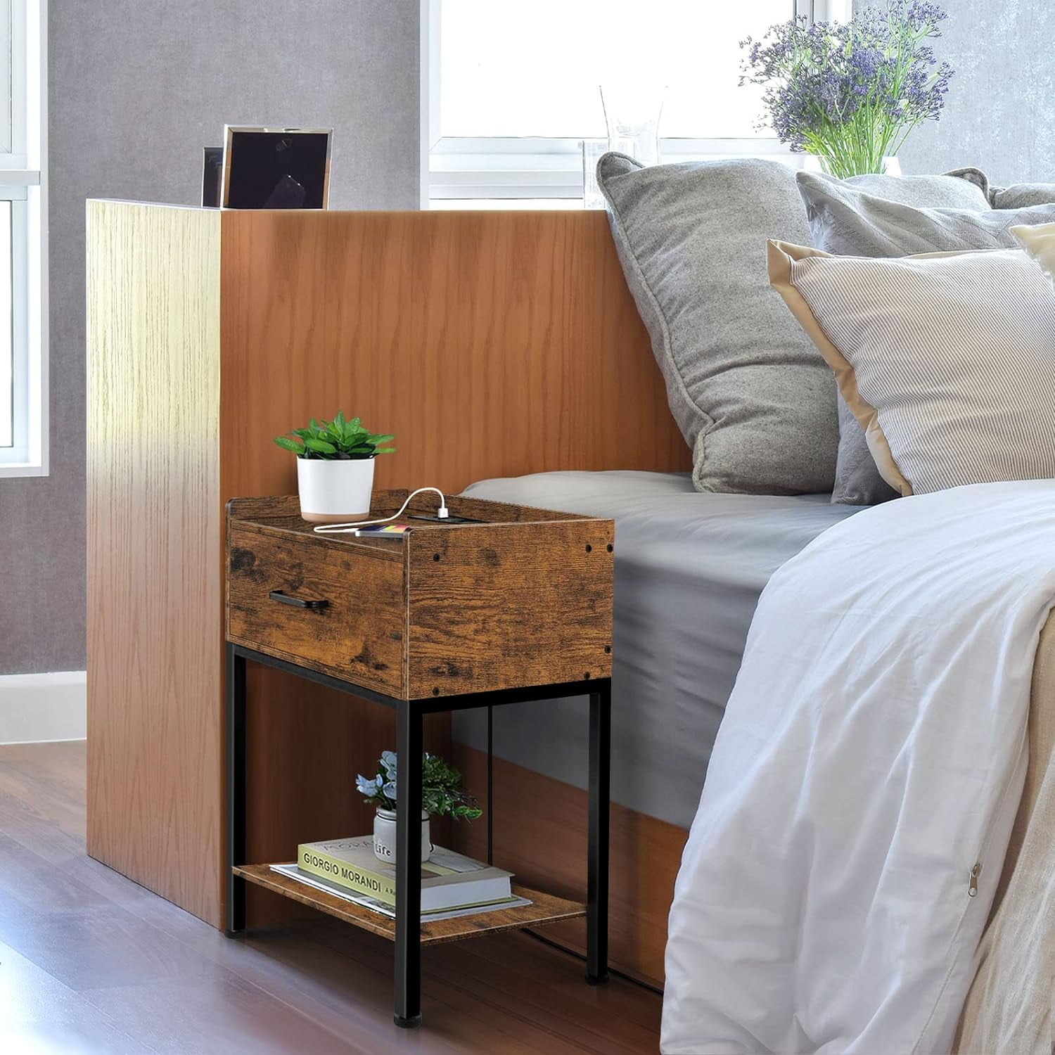 Oumilen Nightstand with Charging Station and Drawer, Brown - Image 4