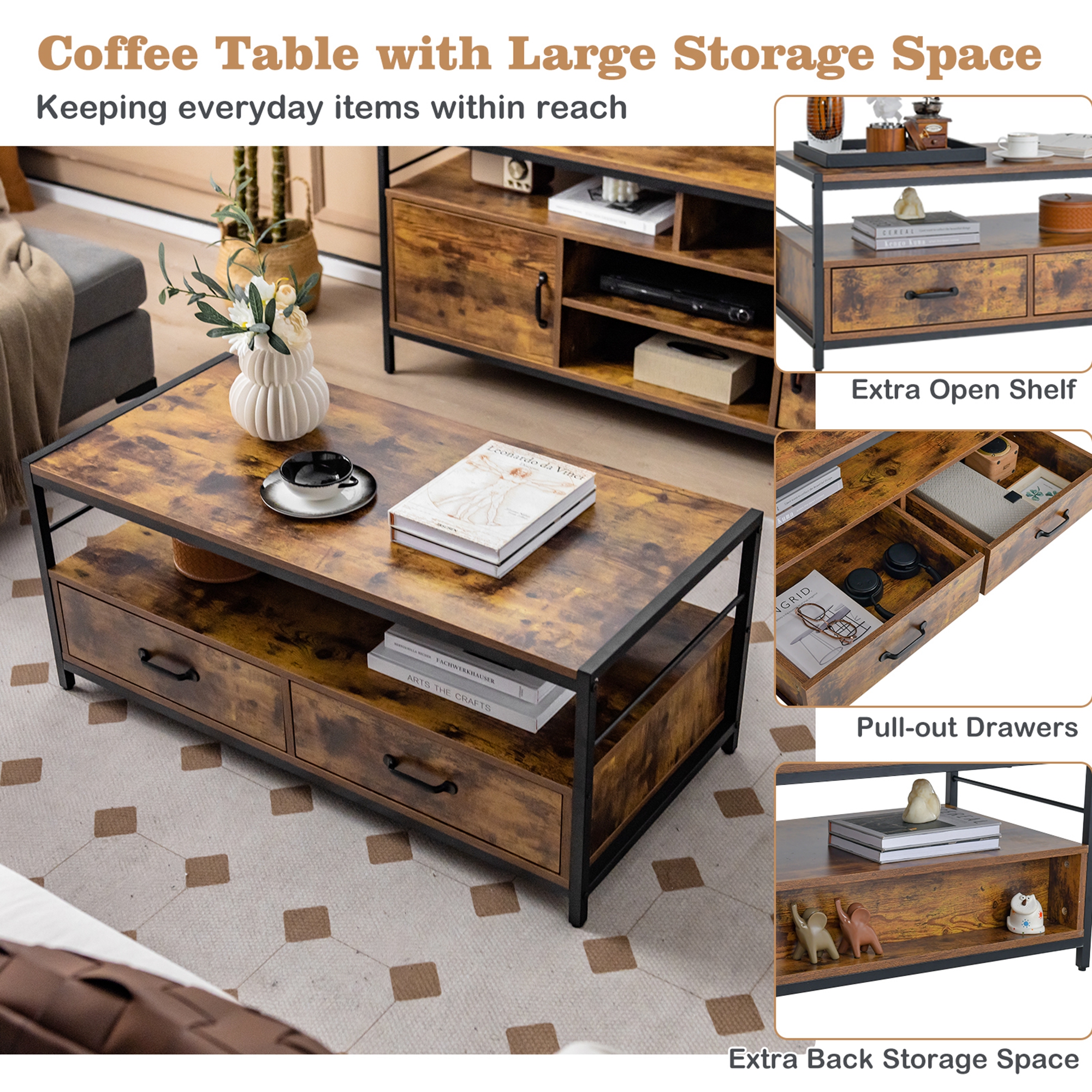 Costway Coffee Table with Storage Drawers& Shelf Coffee Table with Metal Frame for Living Room - Image 8
