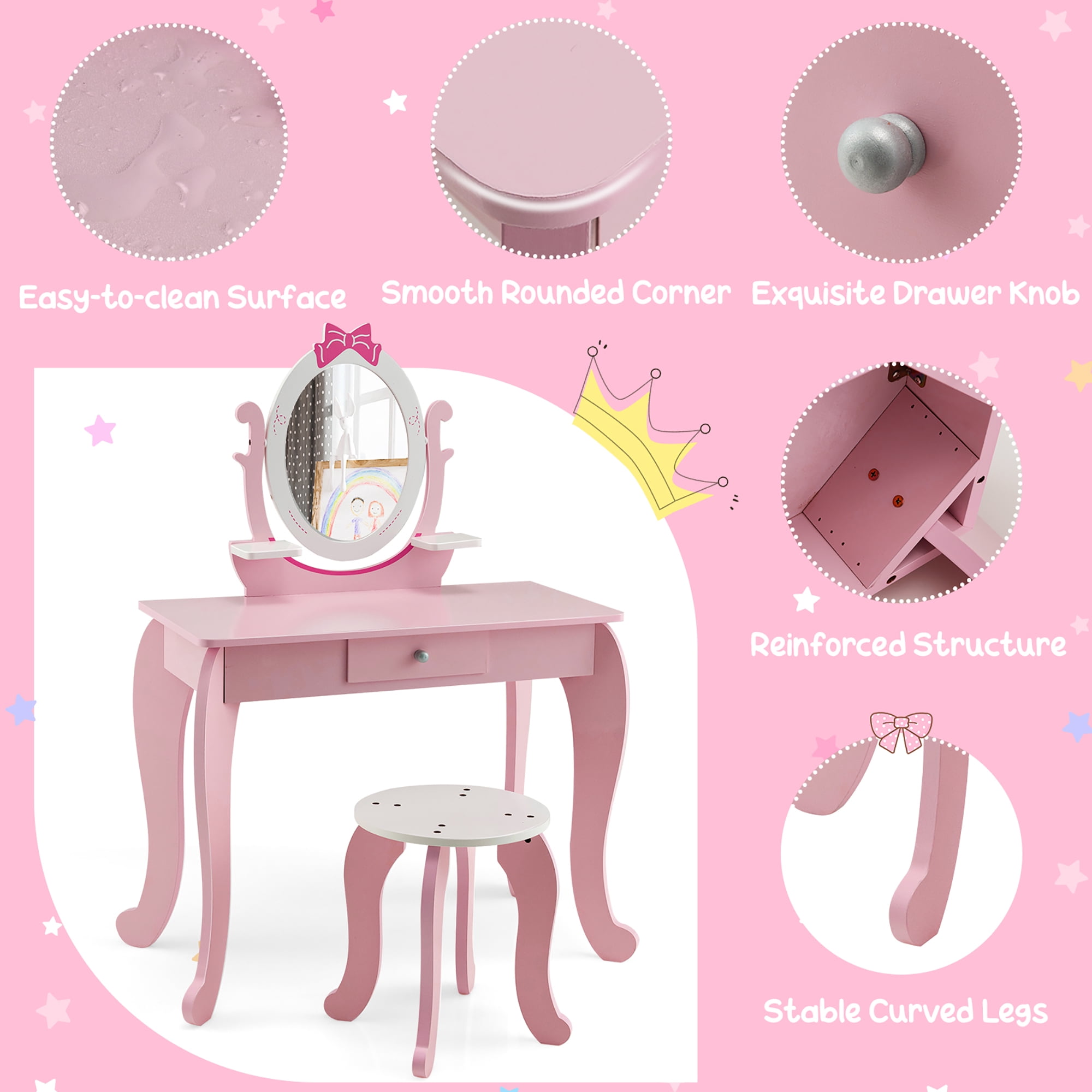 Costway Kid Vanity Table Stool Set with Adjustable Mirror Storage Drawer Makeup Pink - Image 10