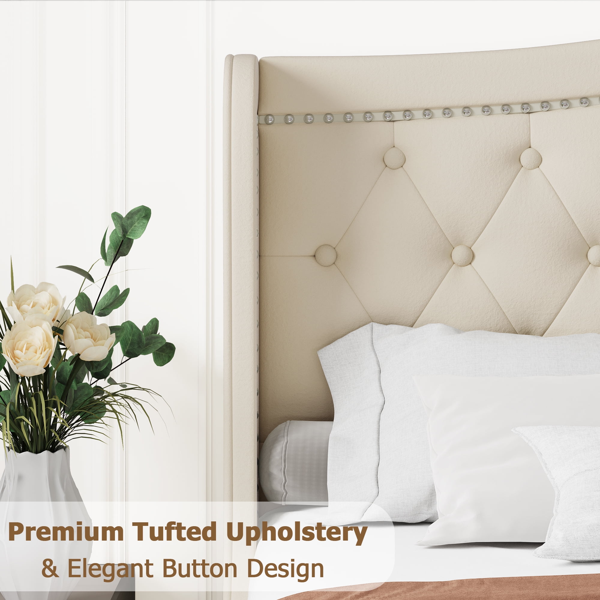 Homfa Full Size Bed, Modern Velvet Fabric Platform Bed Frame with Wing Back Tufted Upholstered Headboard, No Box Spring Needed, Beige - Image 5
