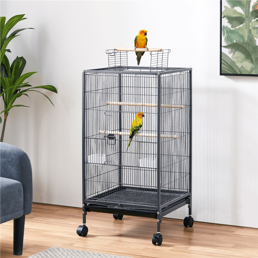 Alden Design 40-Inch H Wrought Iron Bird Cage with Rolling Stand Open-Top, Black - Image 4