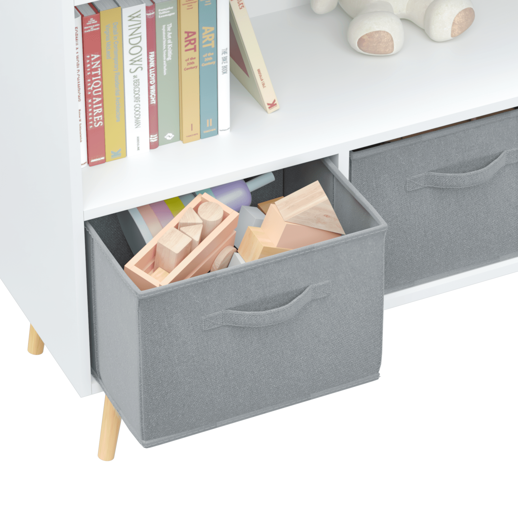 PORKISS Bookshelf for Kids, Wood Kids Bookcase with Collapsible Fabric Drawers, Freestanding Toy Organizer, Modern Toy Storage for Children's Room, Living Room, White/Gray - Image 9