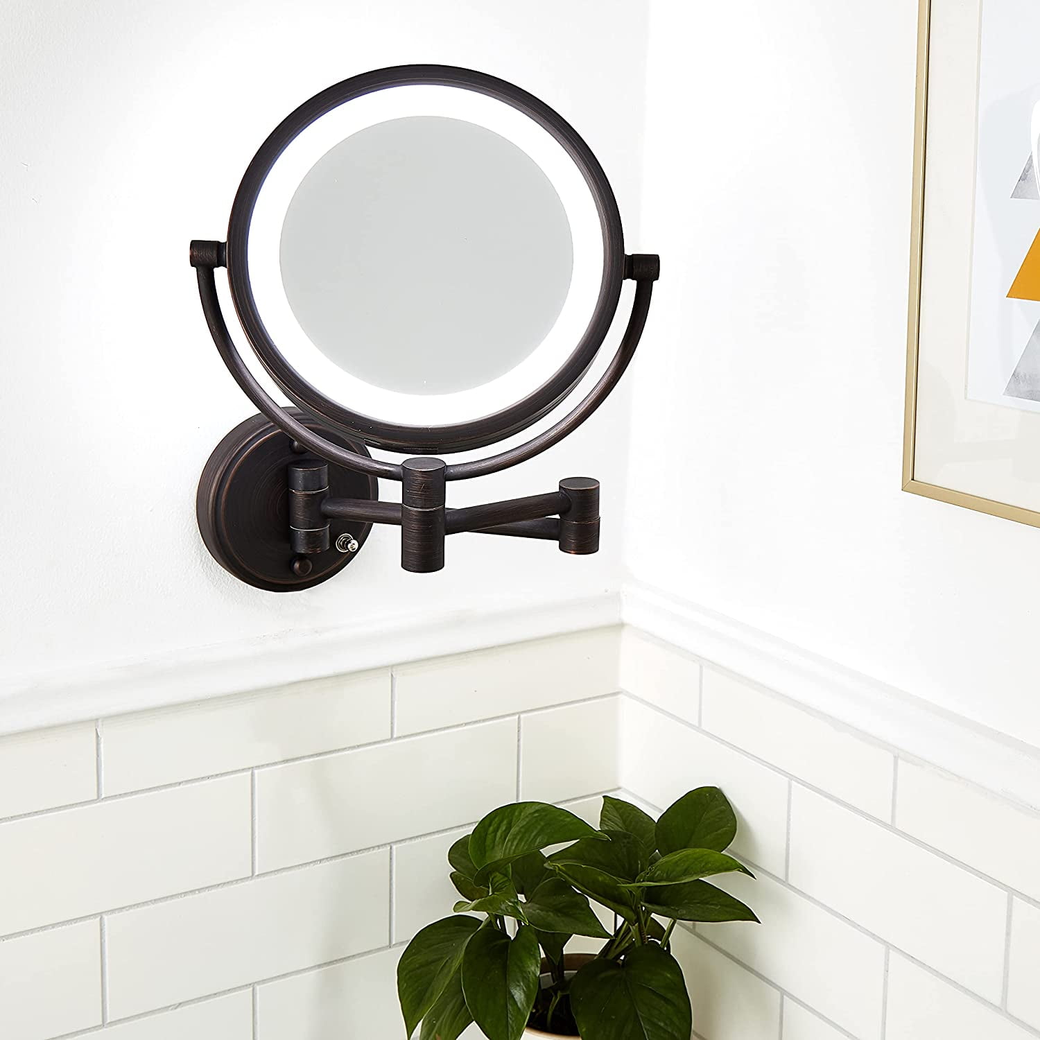 JERDON Two-Sided Wall-Mounted Makeup Mirror - LED Lighted - 8X-1X Magnification - Mirror Extends up to 13.5” From the Wall - 8.5-inch Diameter Mirror with Bronze Finish -Plug In - Model HL88BZL - Image 5