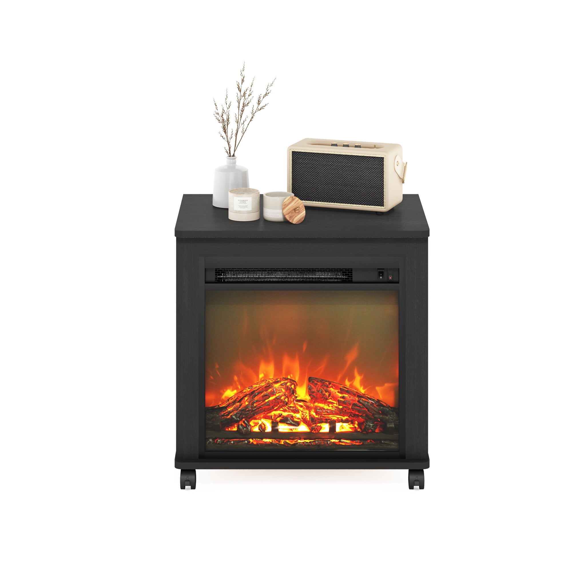 Furinno Jensen Electric Fireplace End Table with Wheels, Americano - Image 6