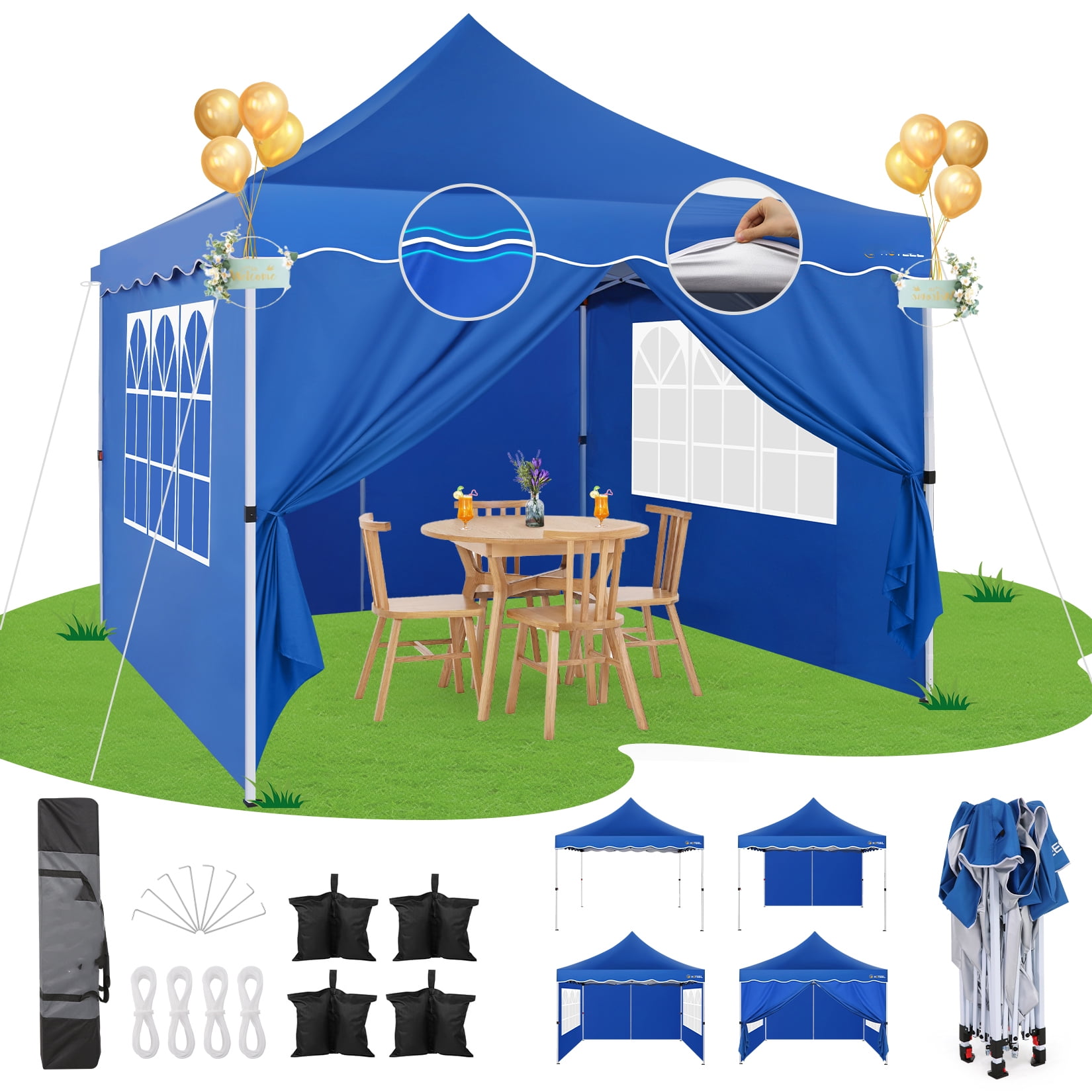 HOTEEL 10x10 Pop Up Canopy , UPF 50+ Easy Setup Canopy Tent Waterproof Outdoor Instant Portable Shelter with 4 Removable Sidewalls, Sandbags, Stakes & Ropes for Party, Events, Vendor, Blue - Image 6
