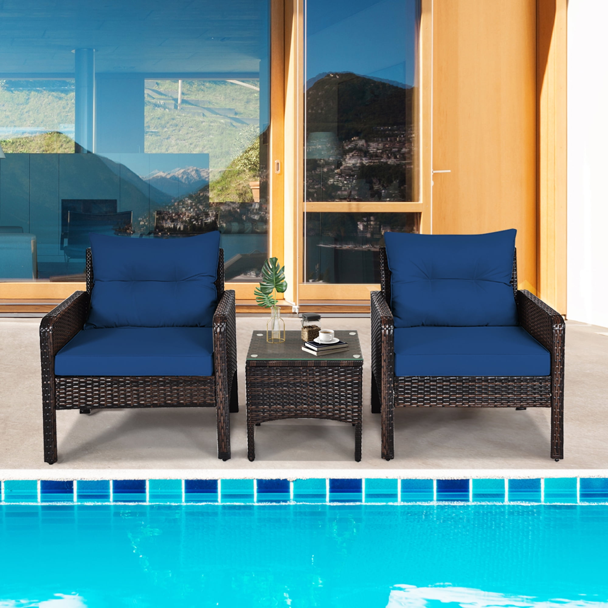 Gymax 3PCS Rattan Patio Conversation Furniture Set Yard Outdoor w/ Navy Cushions - Image 5