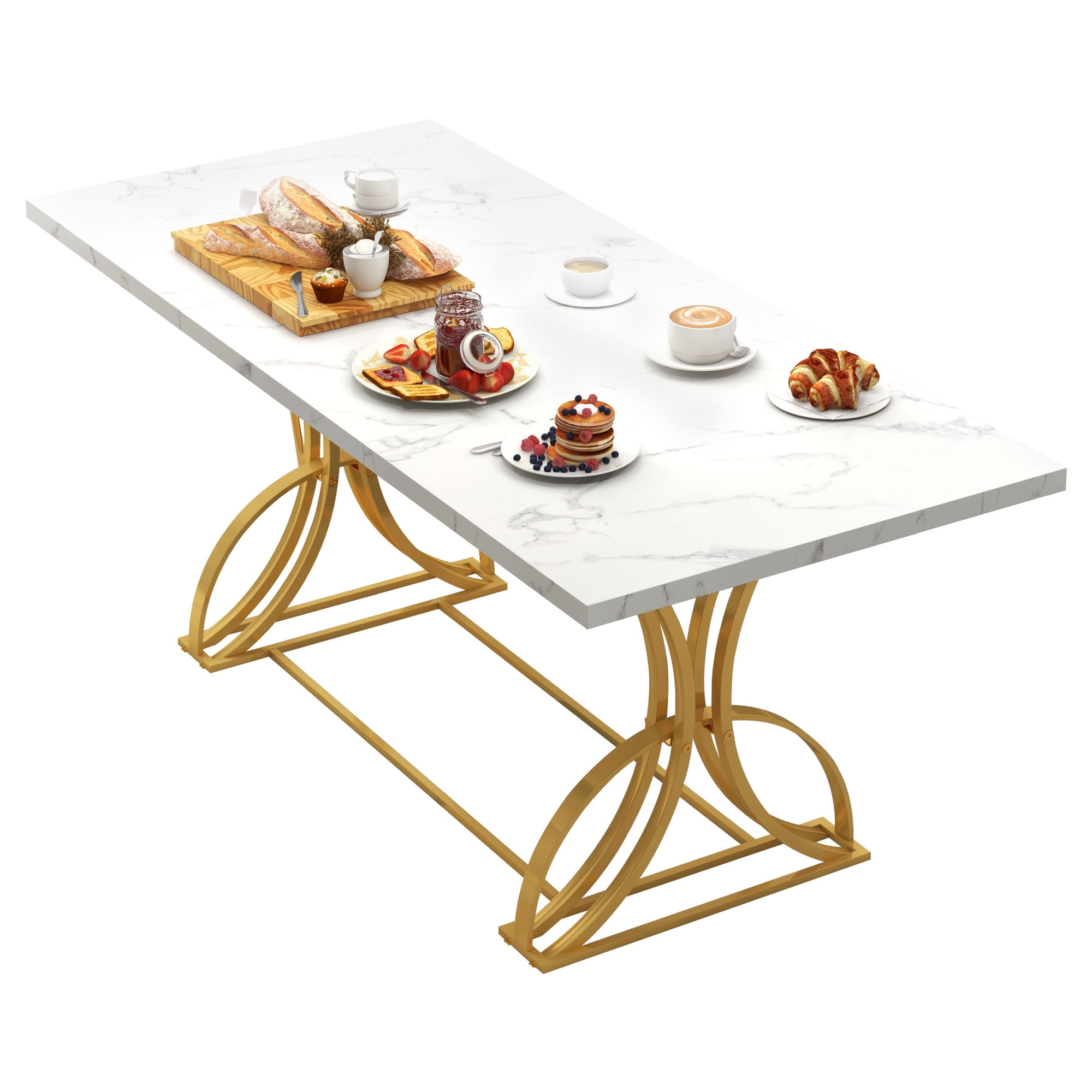 Dextrus 70.3" Solid Wood Dinner Table for 6-8 Person, Rectangular Modern Kitchen Table with Faux Marble Tabletop and Gold Geometric Metal Legs - White & Gold - Image 5