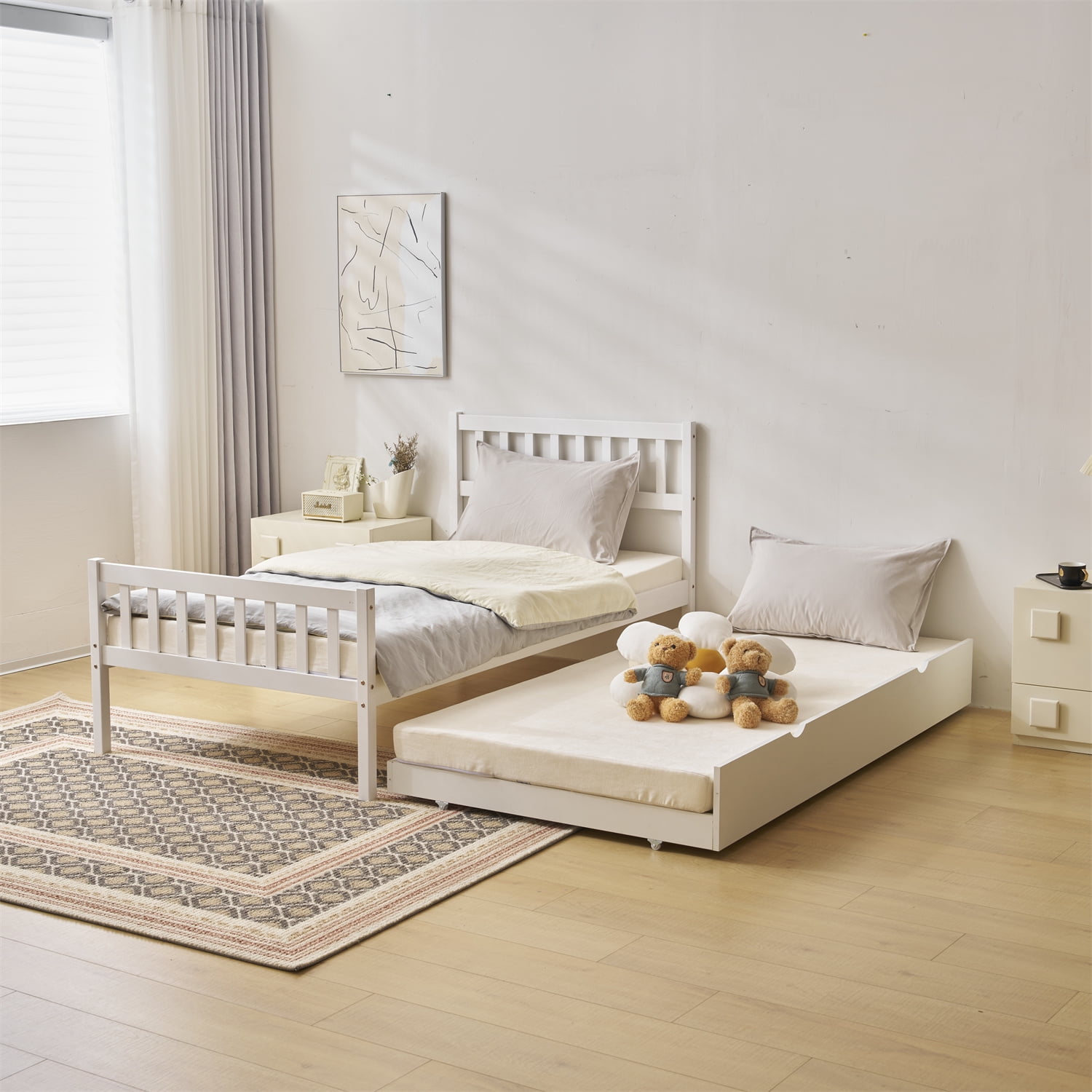 Zimtown Twin Bed with Trundle, Solid Wood Bed Frames with Headboard and Wooden Slats Support, Twin Trundle Bed Frame Roll Out, White - Image 11