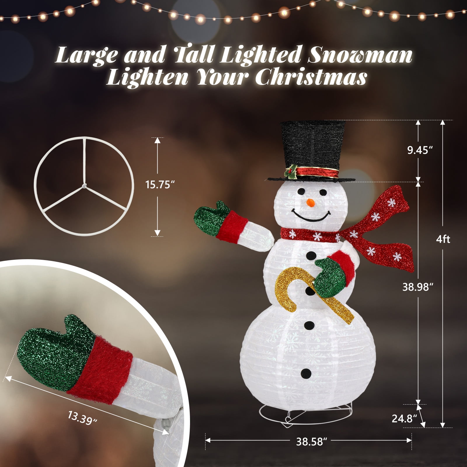 Ktaxon 4ft Lighted Pop-Up Snowman Christmas Snowman for Christmas Outdoor Decoration with Top Hat - Image 4