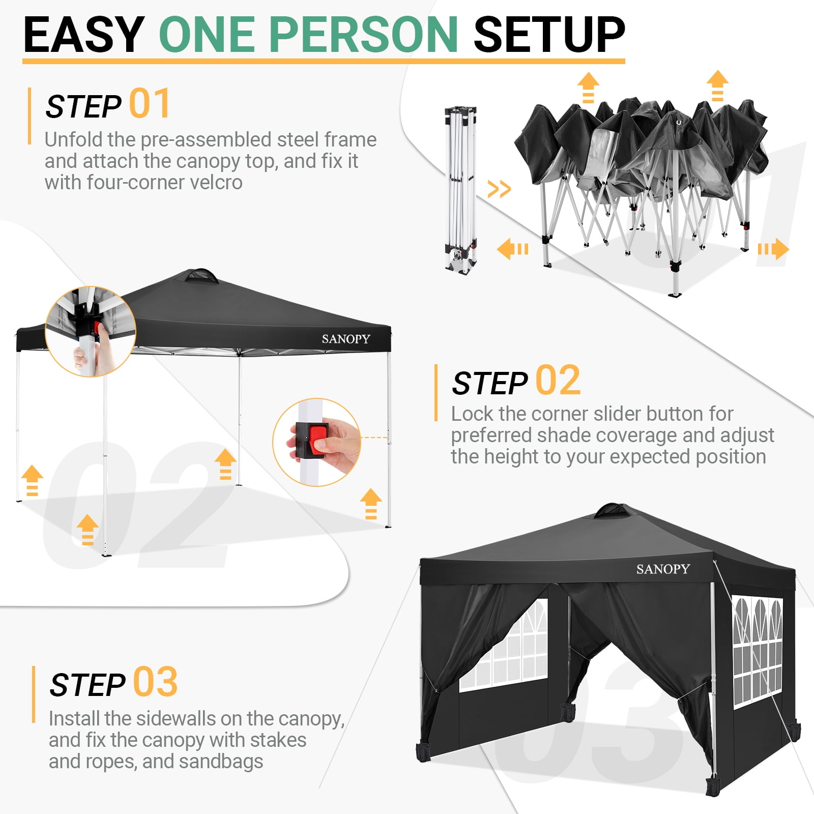 SANOPY 10' x 10' Straight Leg Pop-up Canopy Tent Easy Two Person Setup Instant Outdoor Canopy Folding Shelter with 4 Removable Sidewalls, Air Vent on The Top, 4 Sandbags, Carrying Bag, Black - Image 11