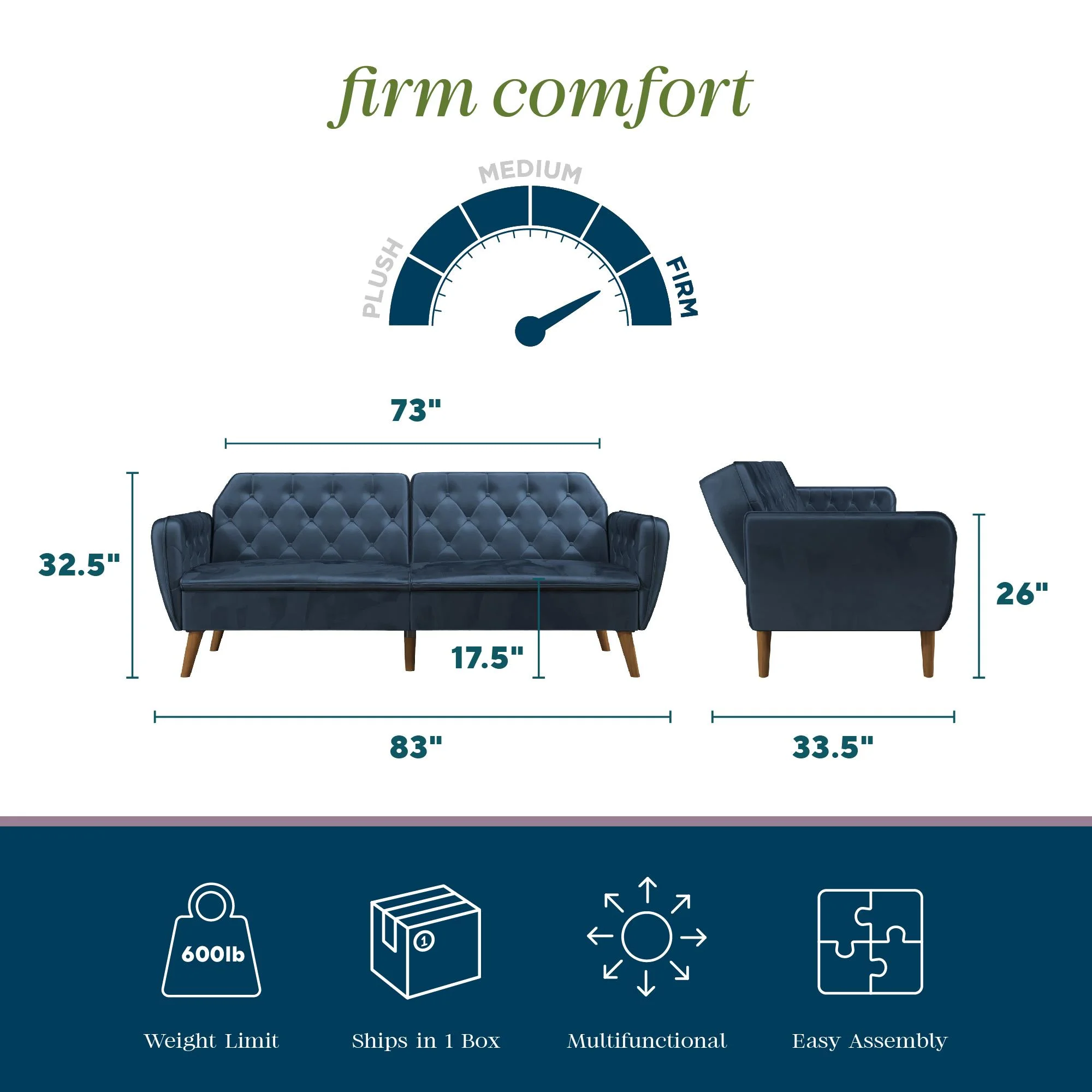 Novogratz Tallulah 83" Memory Foam Futon Sofa Bed, Blue Velvet - Image 4