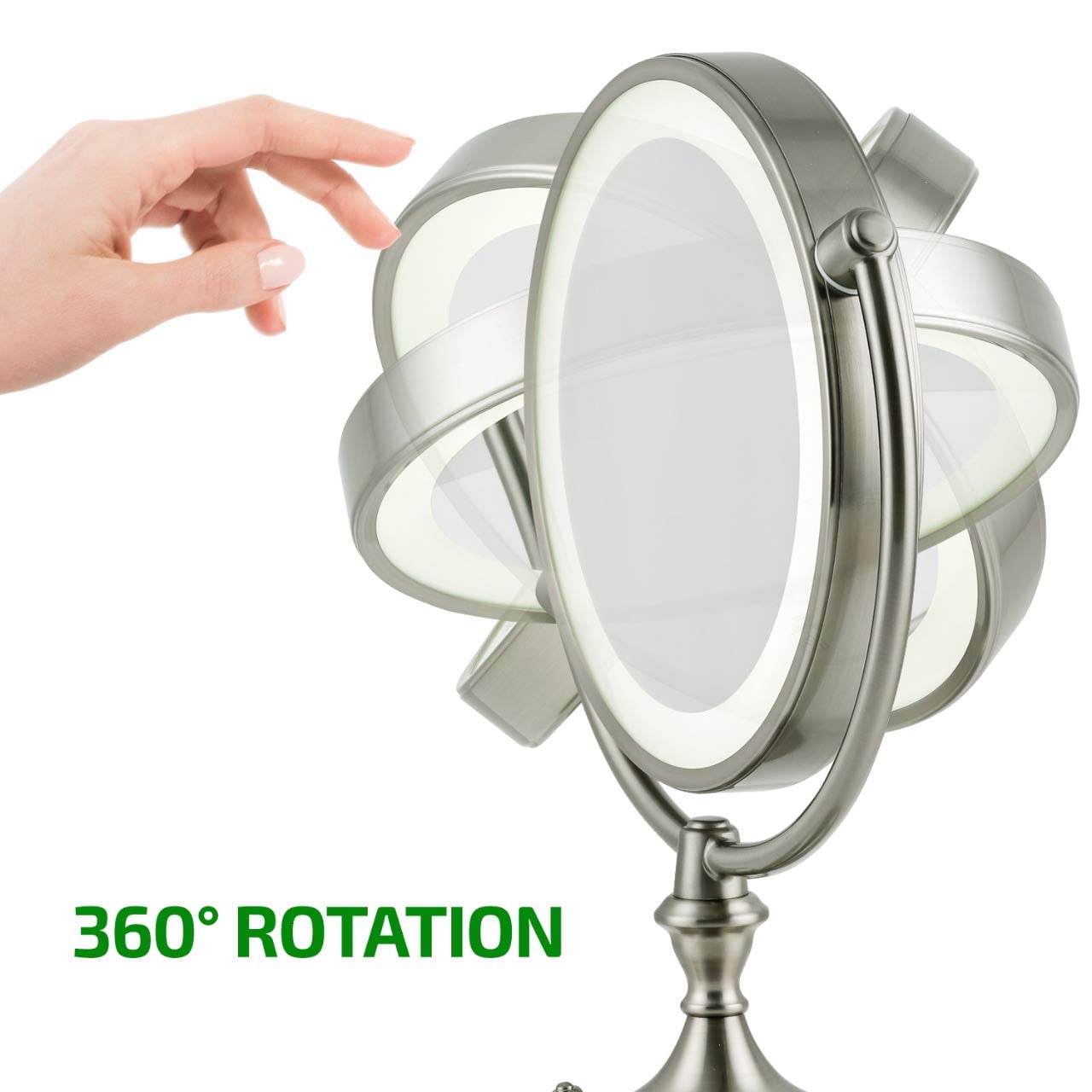 Ovente Lighted Makeup Mirror Tabletop 9.5 Inch 1X 5X Magnifier Dimmable 360 Degree Double Sided Spinning LED Acrylic Edge Battery USB Powered Vanity Skin Care Circle Large Nickel Brushed MGT95BR1X5X - Image 6