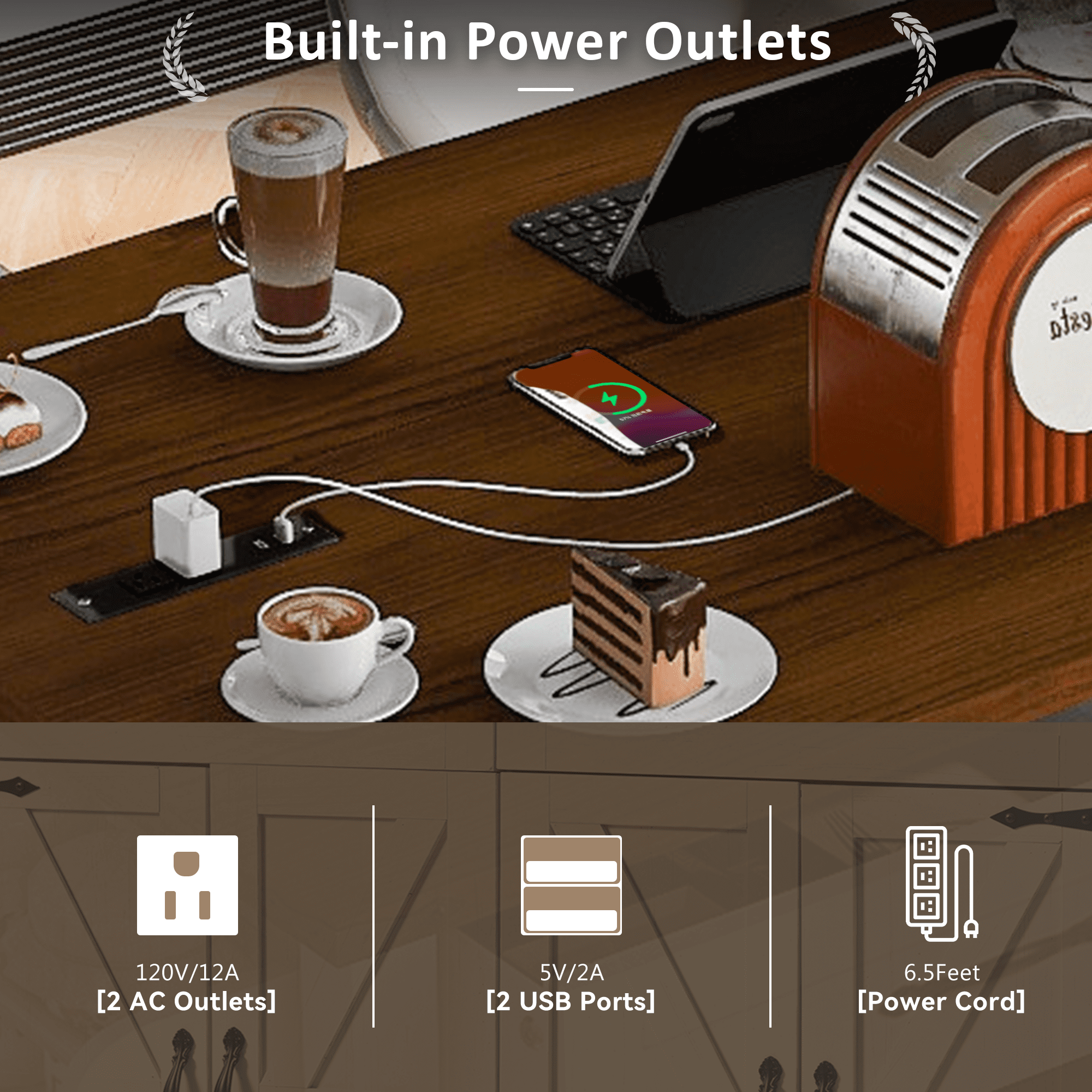 Euroco Farmhouse Kitchen Island with Storage, Rolling Kitchen Cart on Wheels with Power Outlet,Drop Leaf, Spice Rack and Drawer for Dining Room, White - Image 4
