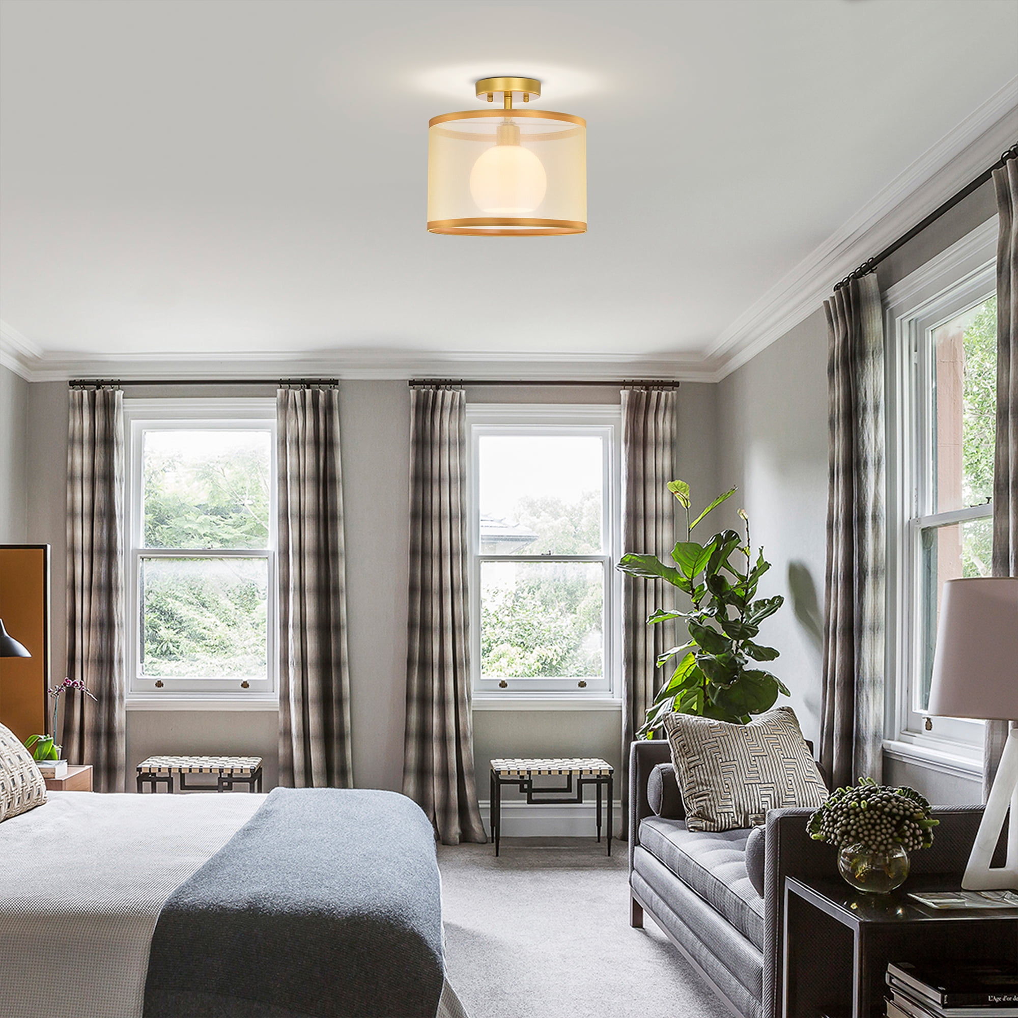 ASHOP Ceiling Light Semi Flush Mount Fixtures Modern Close to Ceiling Lamps Gold Drum Light Fixture with Double Shade - Image 2