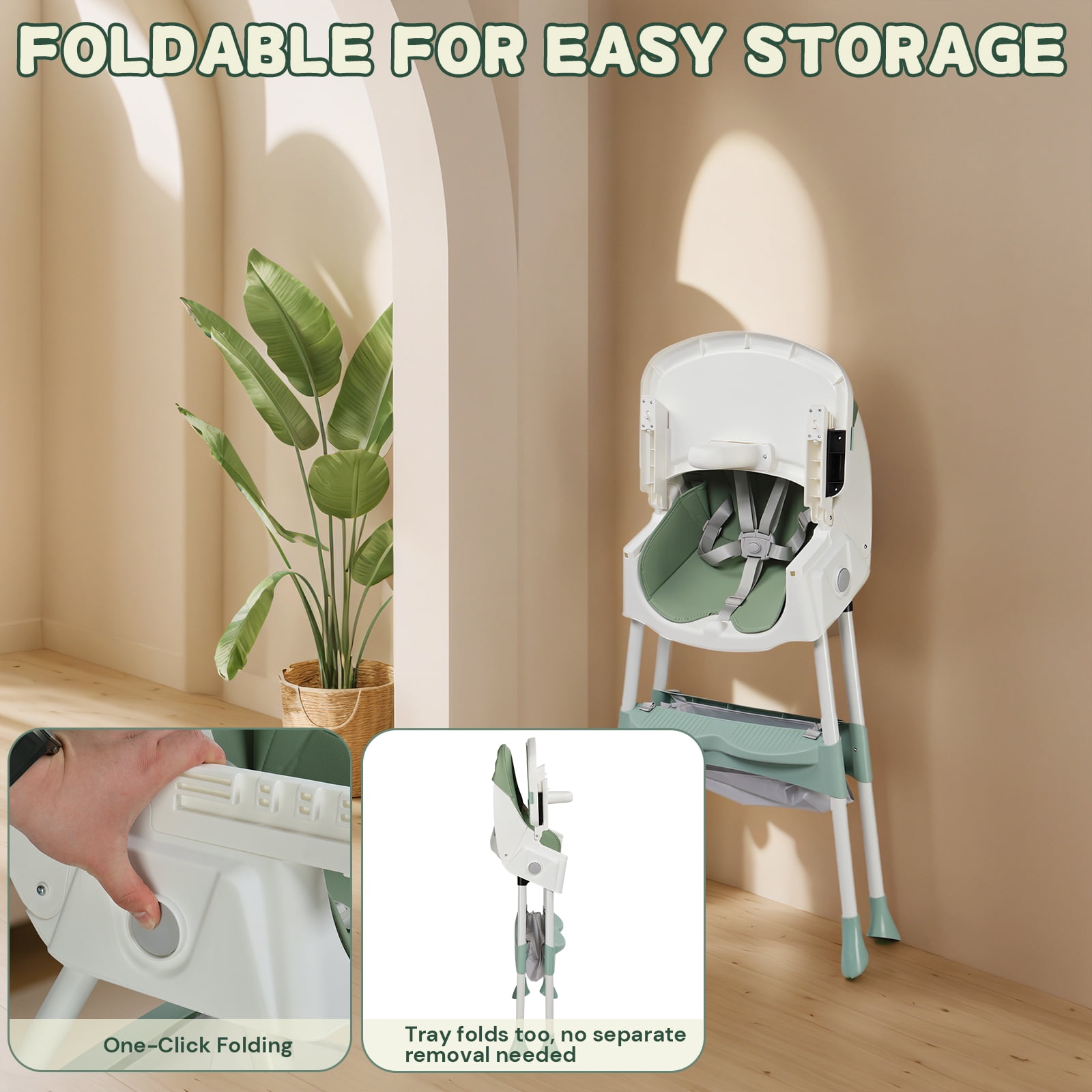 Ktaxon Baby High Chair, Convertible 6 in 1 High Chairs for Babies and Toddlers, Foldable Baby Highchair with 5-Point Safety Harness, Adjustable Dining Tray, Backrest & Height, Green - Image 6