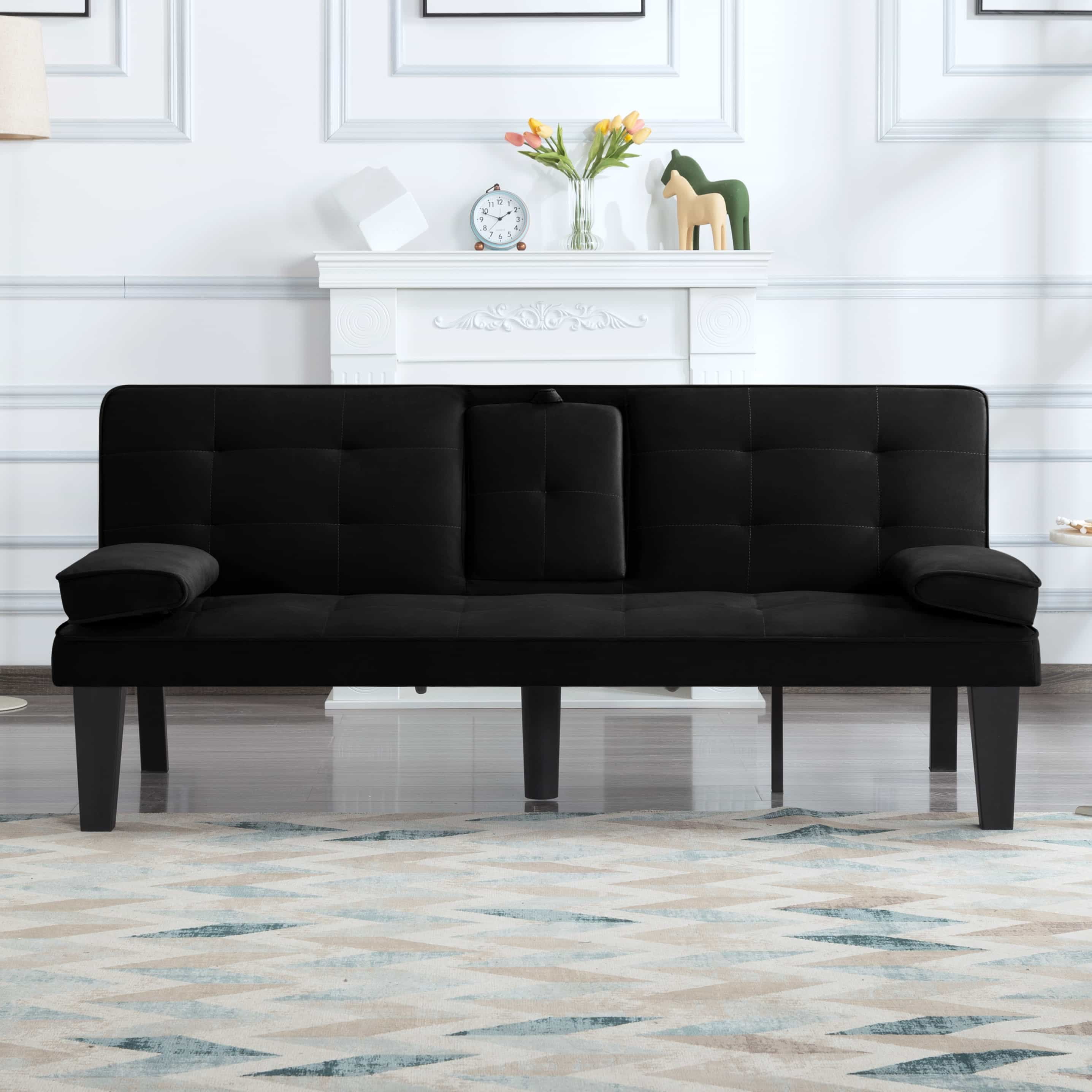 BSHTI Twin Size Futon Sleeper Sofa Bed,Velvet Upholstery,3 Angles for Adjusting Backrest,with 2 Cup Holders,Removable Arm,Convertible Sleeper Sofa(Black) - Image 10