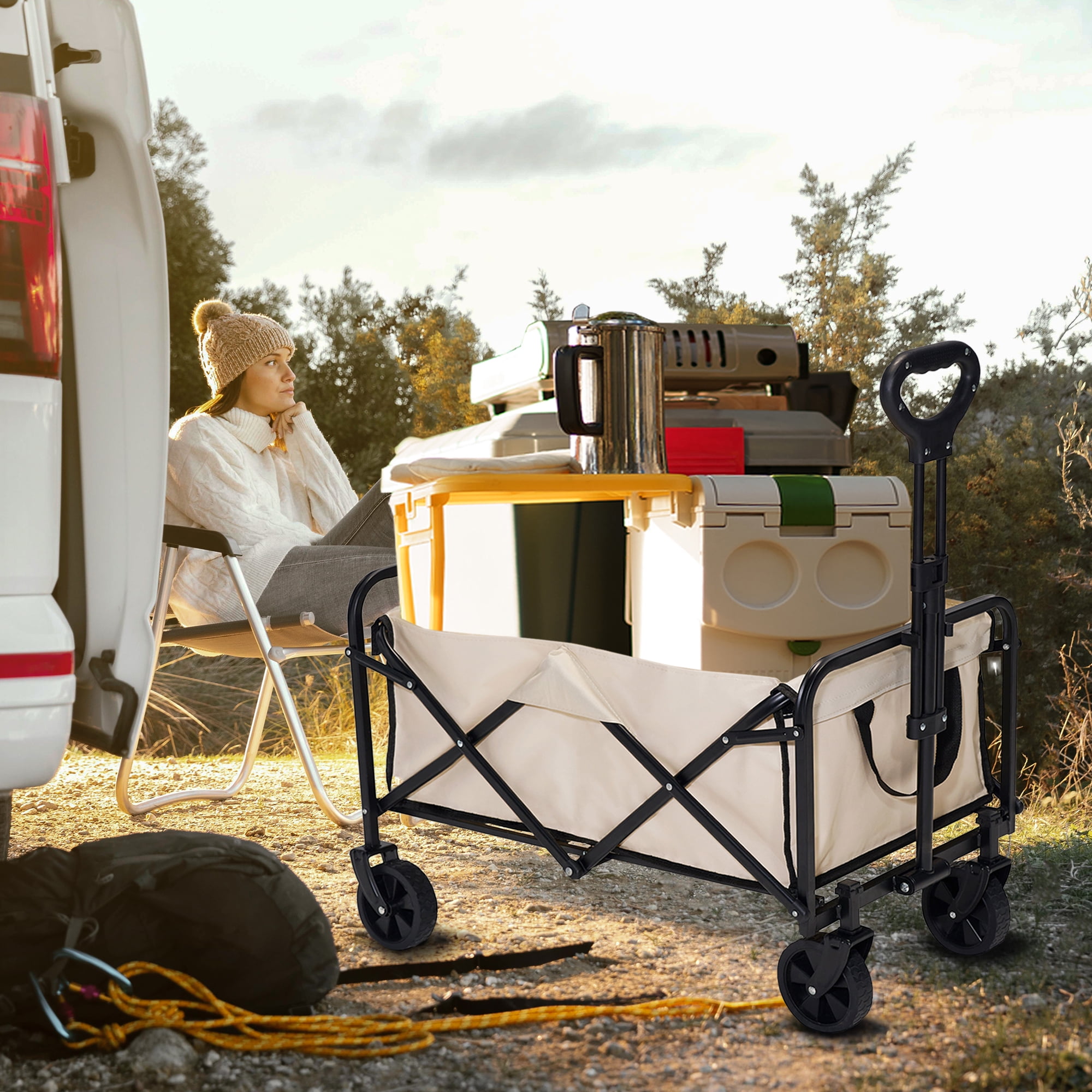 Folding Utility Wagon, Collapsible Outdoor Wagon Cart for Camping, Gardening, Picnic, Beach, Beige - Image 2