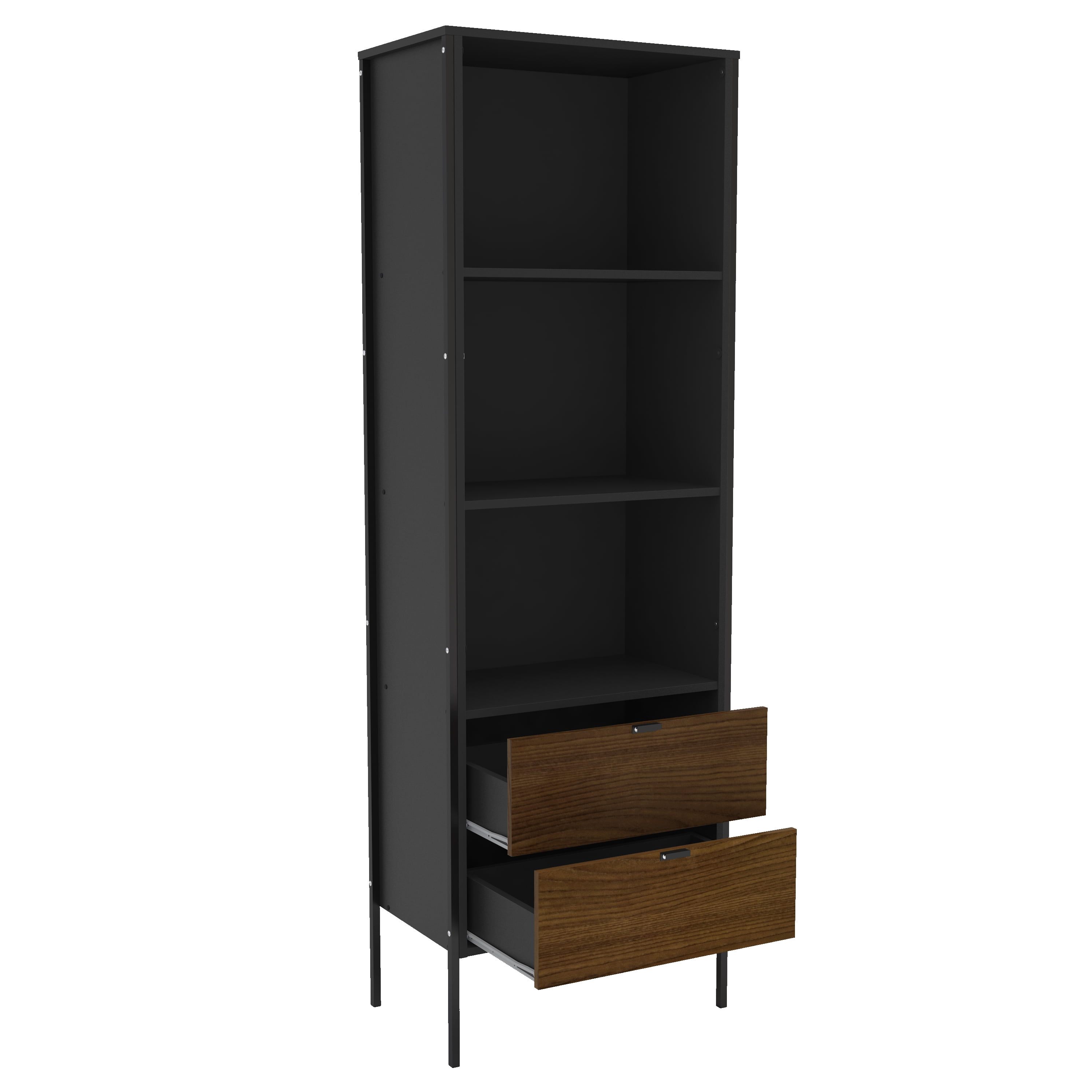 Polifurniture Mallorca 71 in. Modern Bookcase with 3 Shelves and 2 Drawers, Black & Walnut - Image 3
