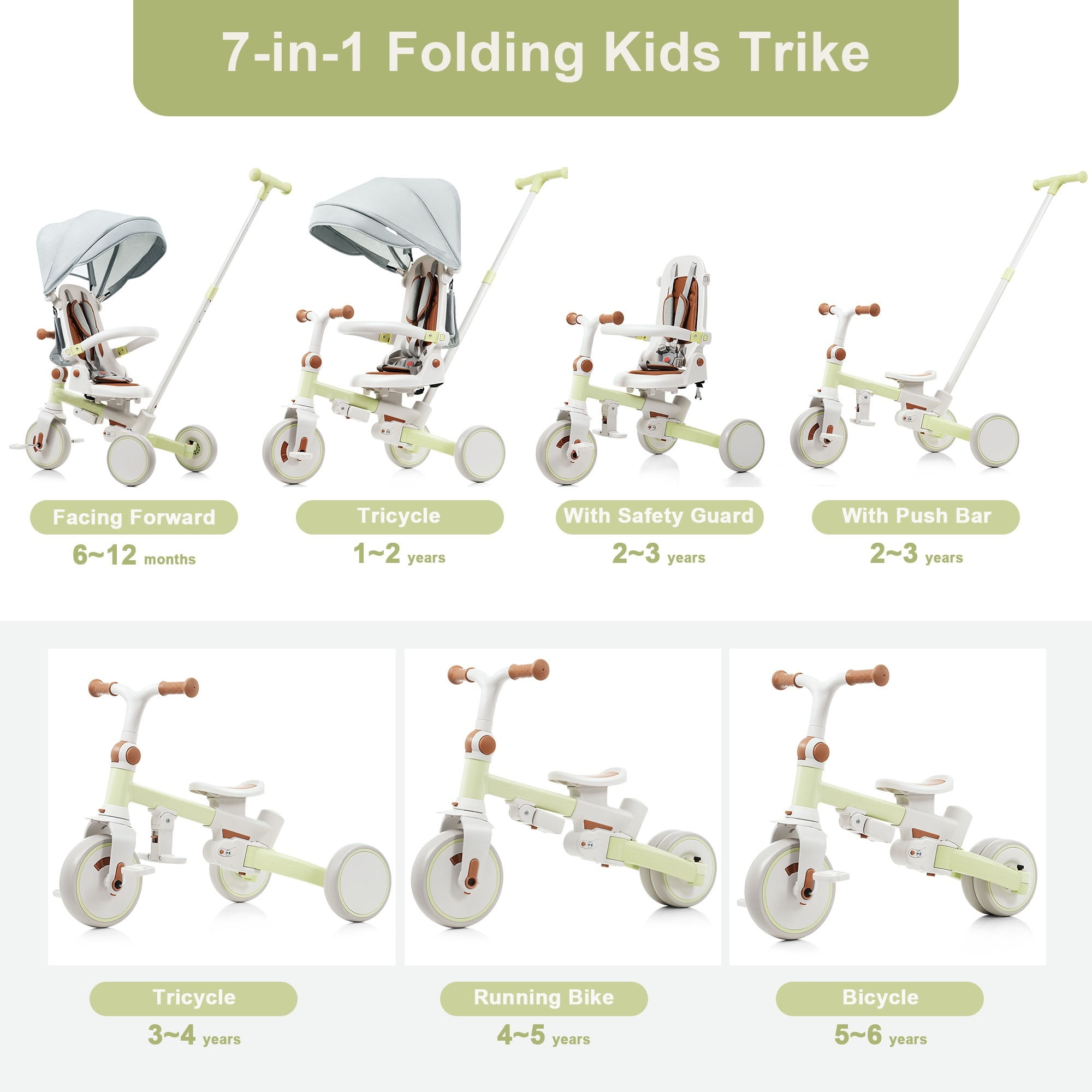 EUROCO 7 in 1 Baby Tricycle,Folding Kids Tricycle with Adjustable Push Handle, Removable Pedal, Canopy,Guardrail,Backrest and Safety Belt,Toddler Bike for Boys Girls 1-6 Years,Green - Image 7