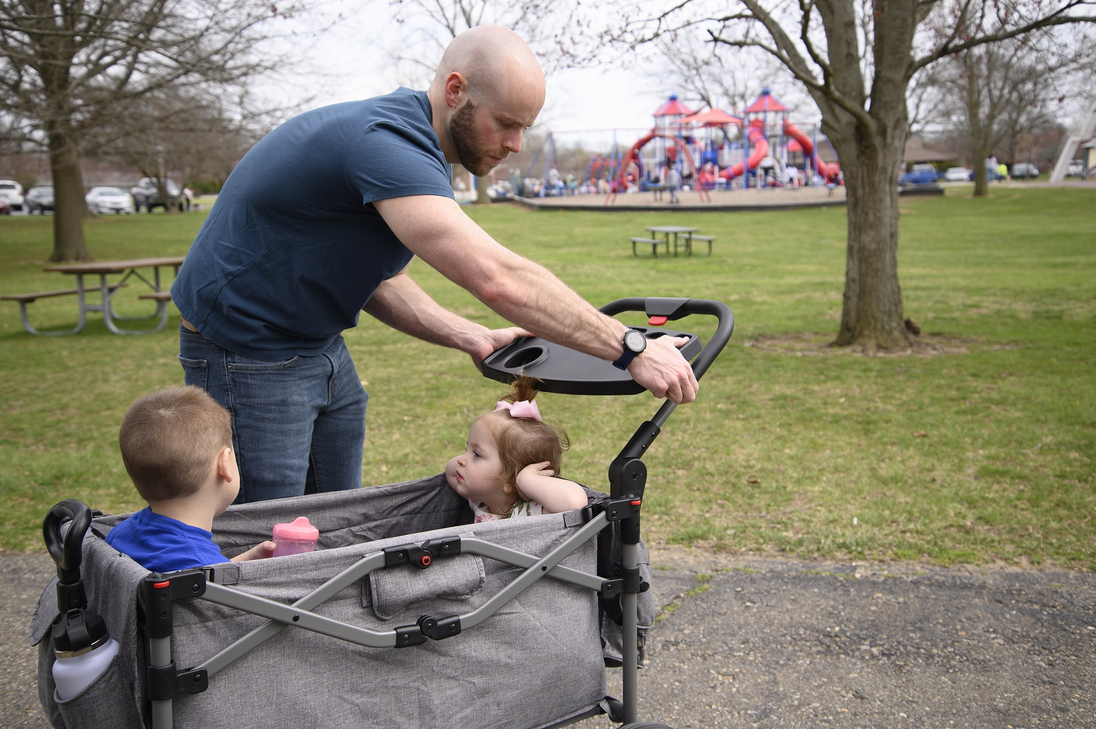 EVER ADVANCED Foldable Wagon Stroller for Two Kids & Toddler with Adjustable Pull & Push Handle, Removable Canopy with 5-Point Harness - Image 2