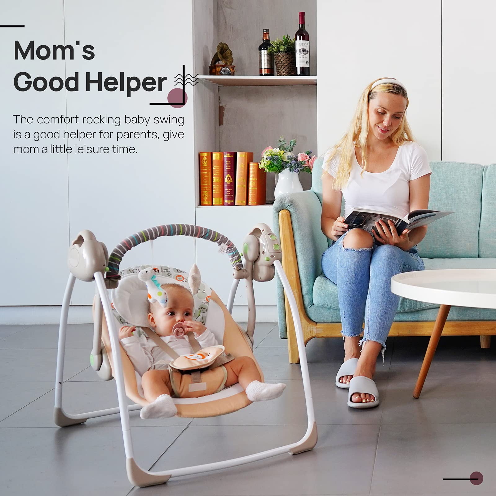 Vikua Electric Baby Swing for Infants 0-9 Months,Portable Foldable Infant Swing with 6 Speeds & Soothing Music,Baby Swing for Newborns,Khaki - Image 2