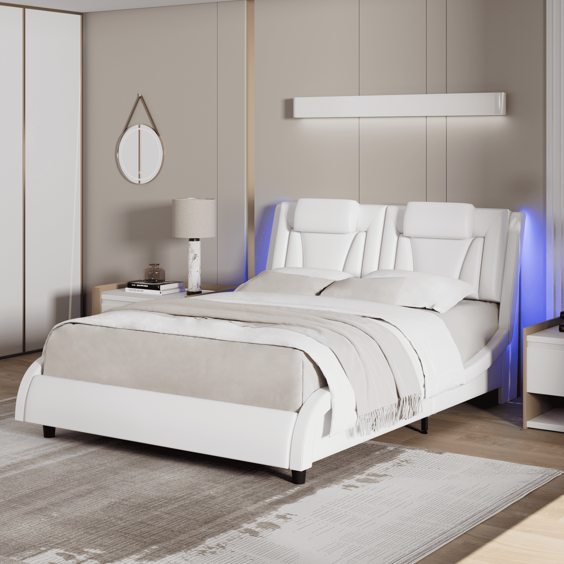 Homfa Queen Bed Frame with Adjustable LED Headboard, PU Leather Curved Upholstered Platform Bed Frame, White - Image 5