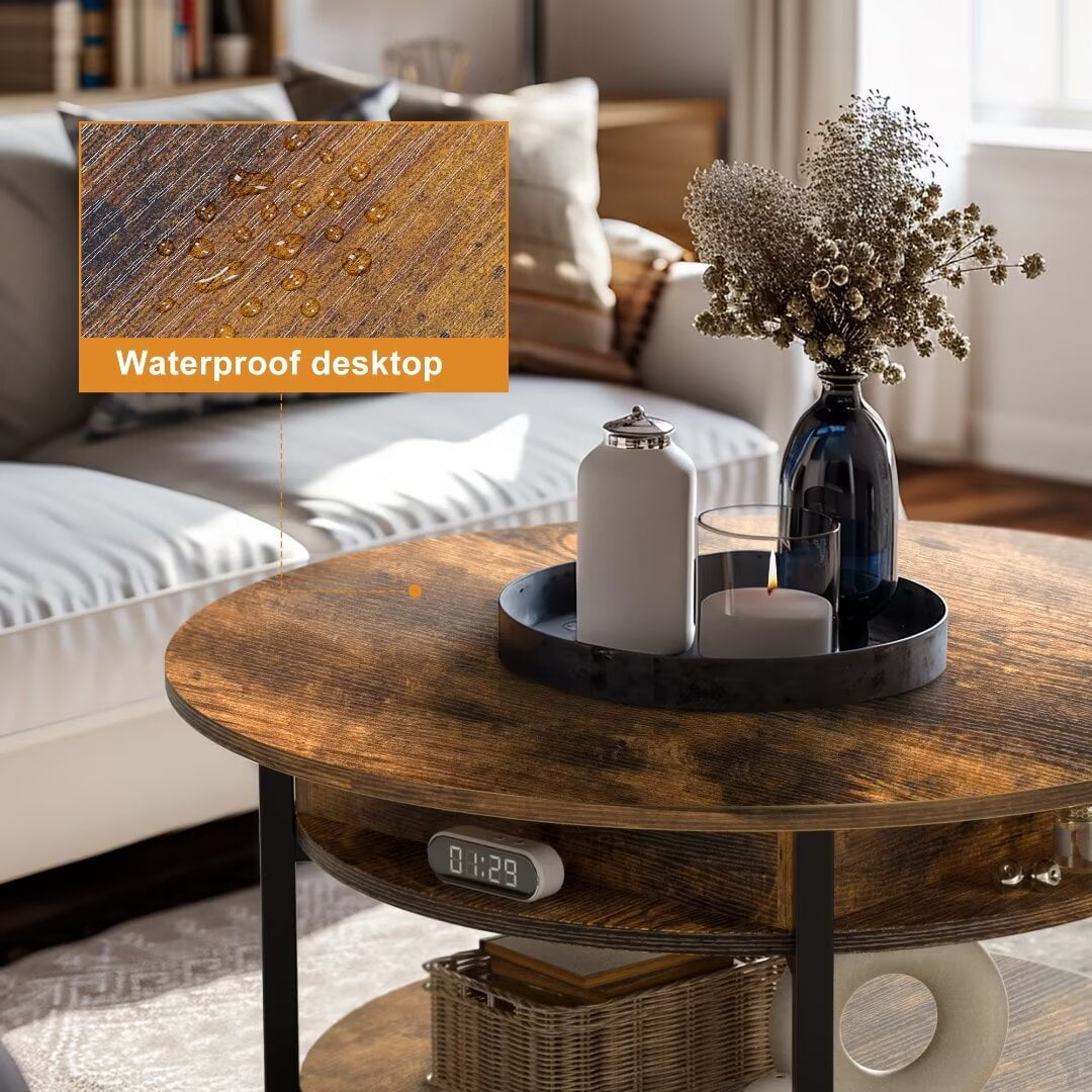 GUNAITO Round Lift Top Small Coffee Table with Storage Modern Farmhouse Center Table with Shelf 2 Tier Circle Table for Living Room Rustic Brown - Image 7