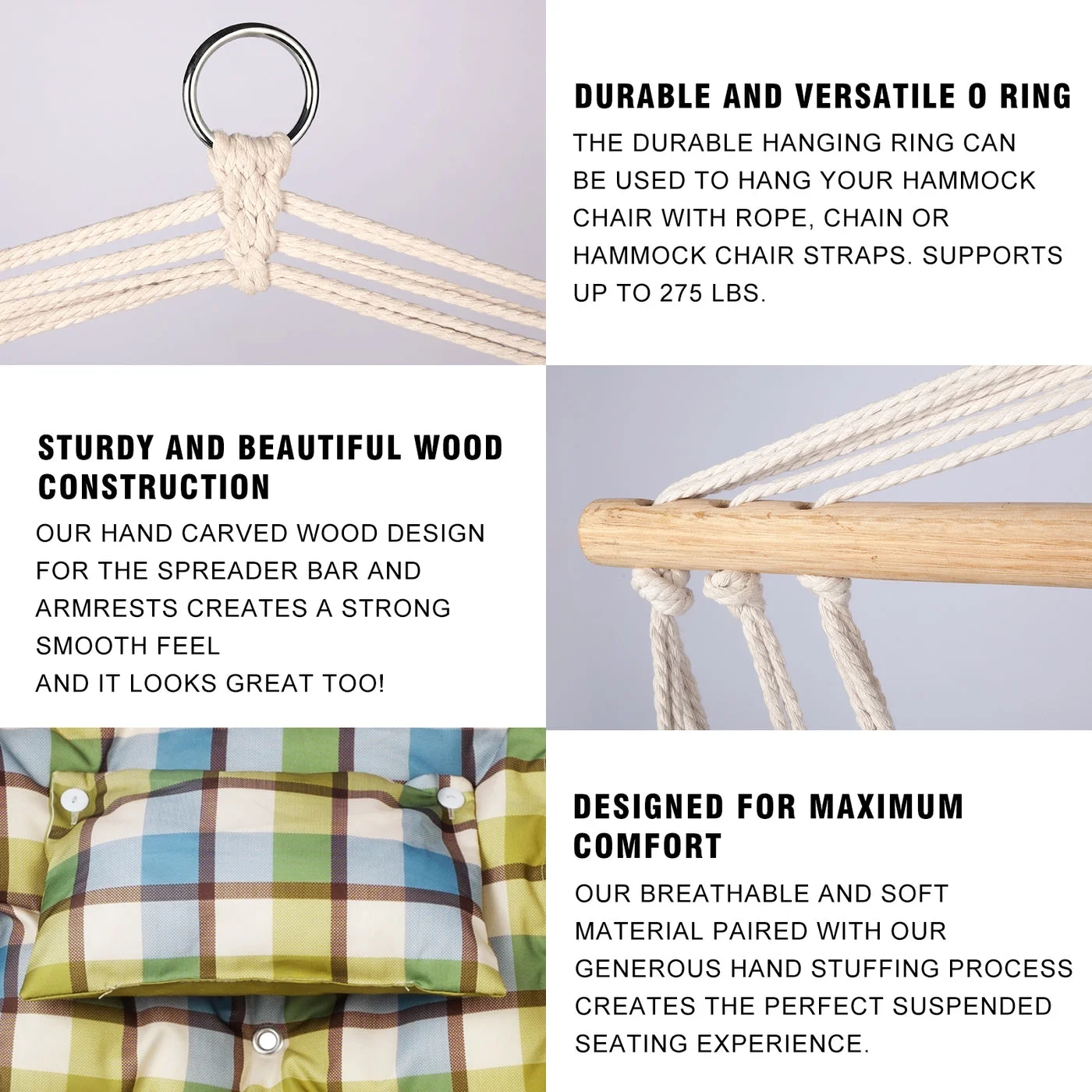 Hanging chair with Pillow & Arms- Extra Padded - Reversible Green Plaid - Image 2