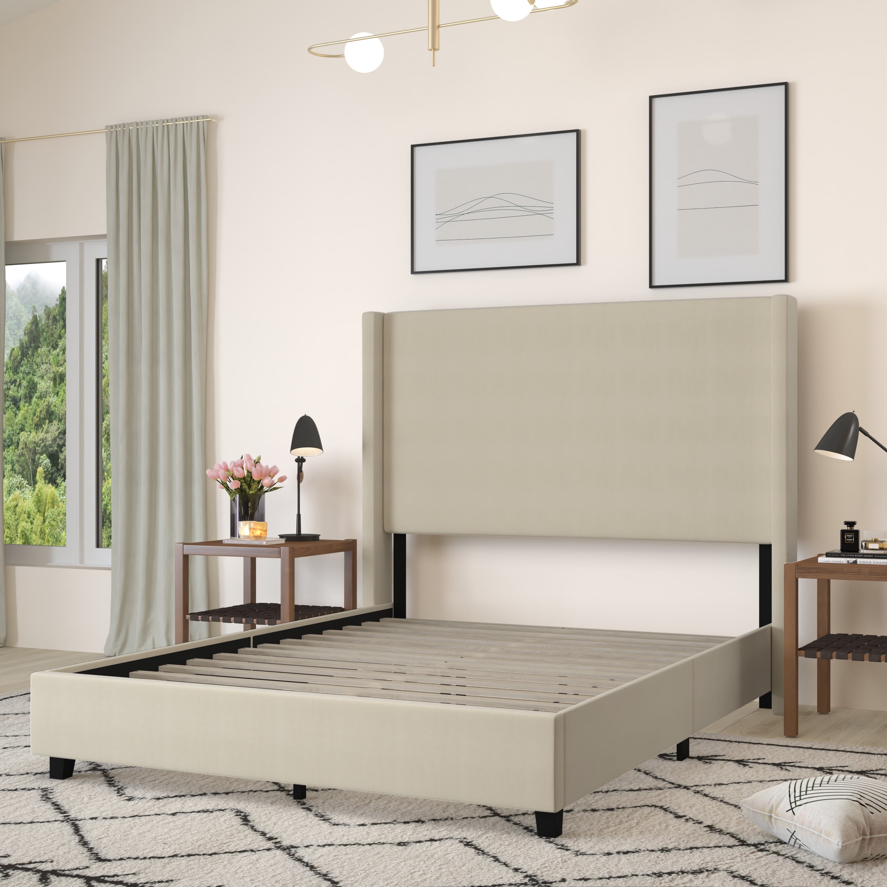 Merrick Lane Modern Platform Bed with Upholstered Wingback Headboard, Queen Size, Beige - Image 6