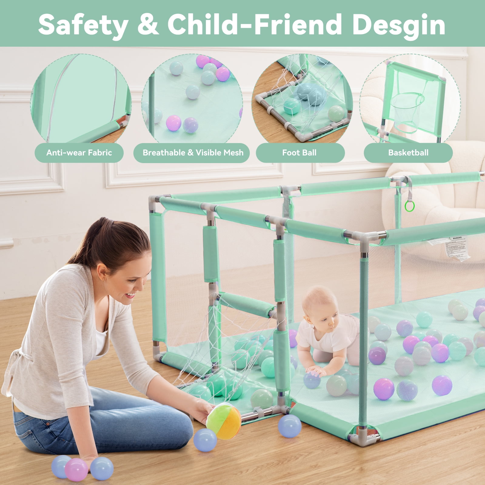 Large Baby Playpen 71 Inch With Basketball Hoop, 6-24 Months Toddler Playard, Green - Image 4