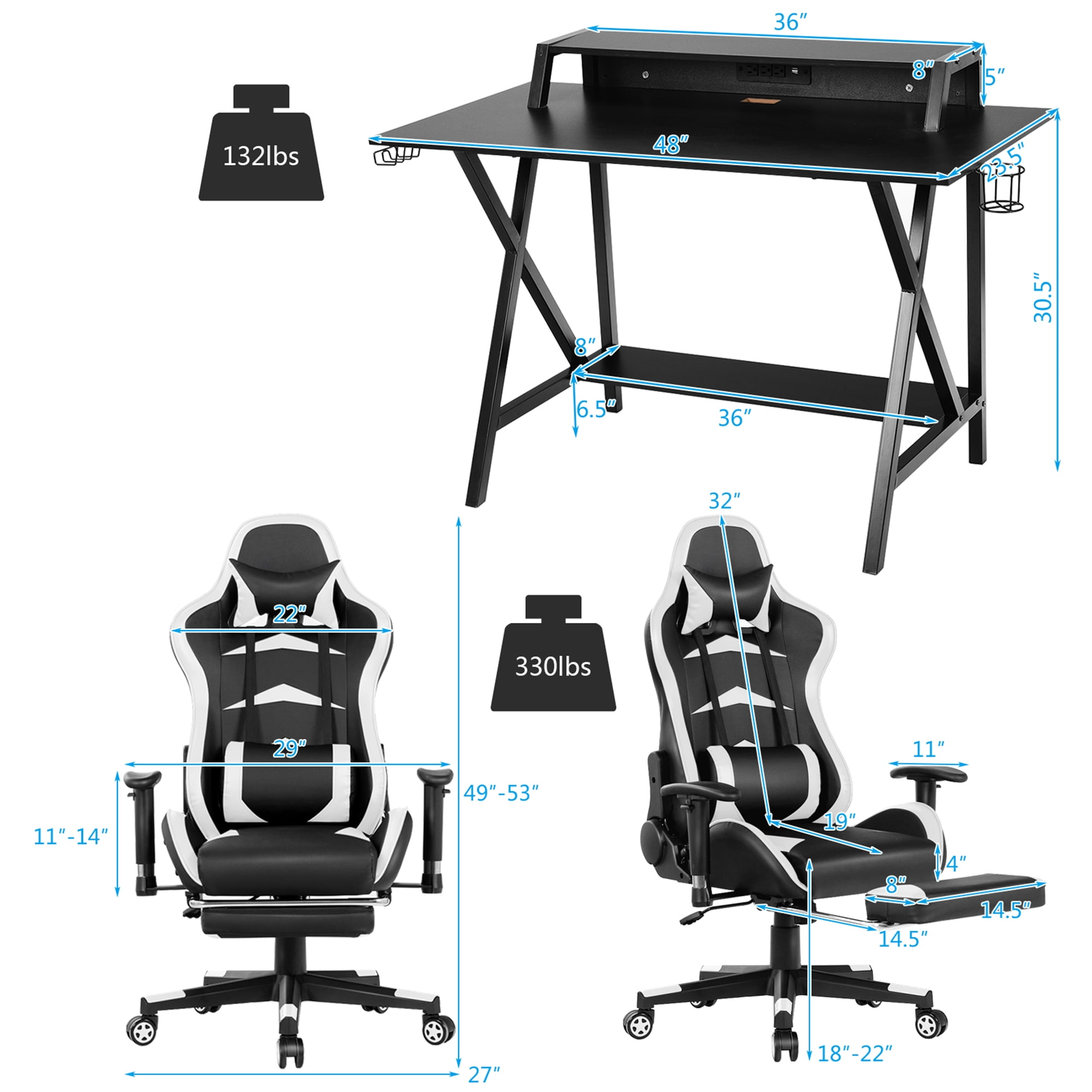 Gymax Gaming Desk&Massage Gaming Chair Set w/ Footrest Monitor Shelf Power Strip White - Image 2