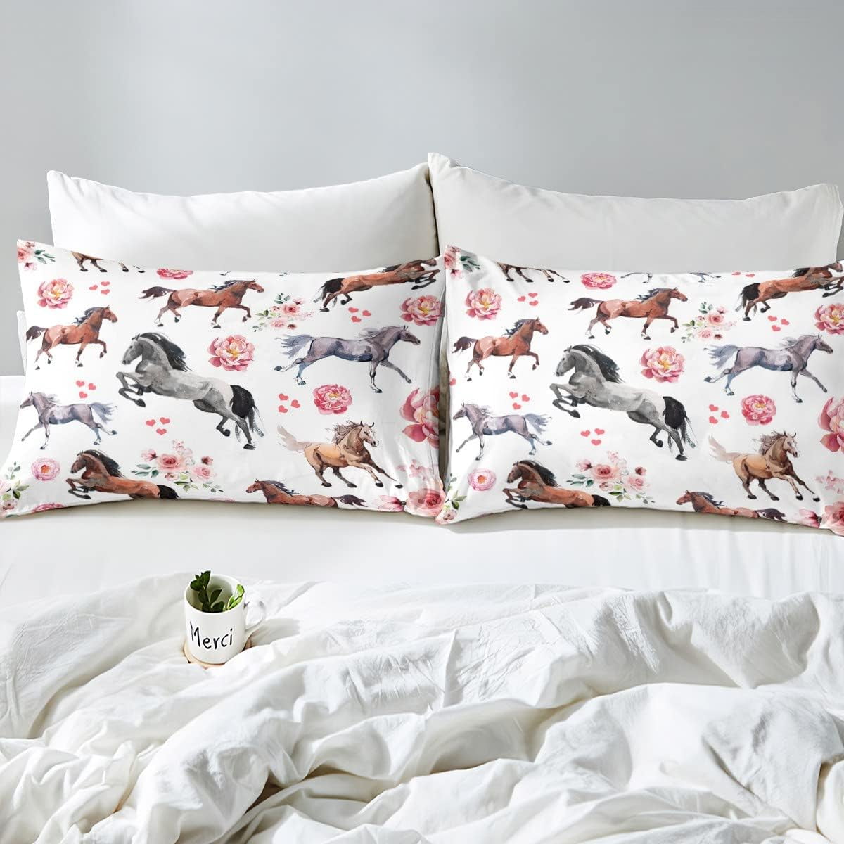 Horse Sheet Set Teens,Farmhouse Western Cowboy Cowgirls Bed Sheets Queen,Cute Love Heart Kawaii Horse Bedding Set,Rustic Pink Rose Floral Fitted Sheet + Flat Sheet + 2 Pillowcases - Image 4