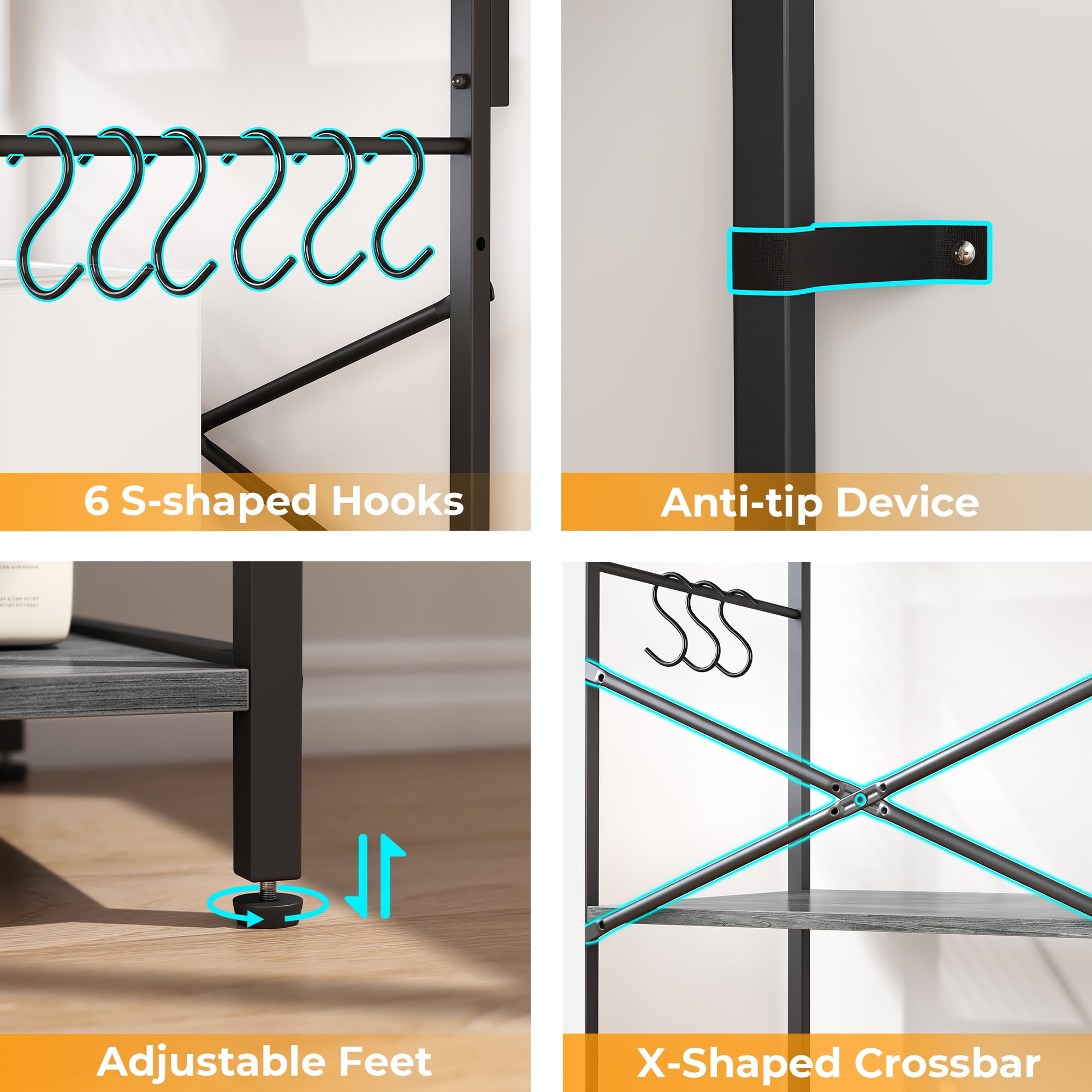 SUPERJARE Bakers Rack with Power Outlet, Kitchen Coffee Bar Table, Wood Microwave Stand with Hooks and Storage Shelves, Kitchen Shelf Rack, Charcoal Gray - Image 3